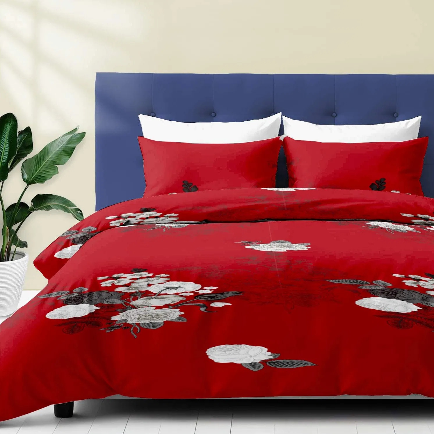9-Piece Burgundy Red Floral Bedding & Curtain Combo Set, Vibrant Crimson Quilted Bedspread with 6 Light Filtering Window Panels & 2 Shams, Easy Care Microfiber Coverlet, Pet Friendly — image 15