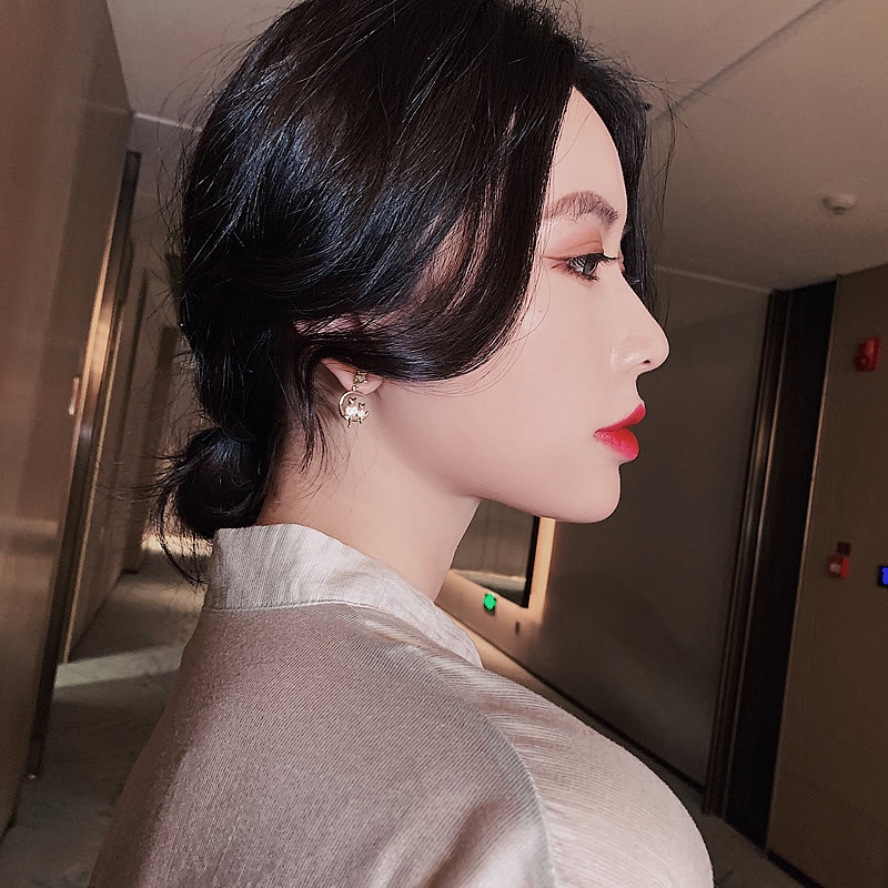 Aretes de Gato con Circonita Personalizados Estilo Coreano, Aguja de Plata 925, Edición Coreana Rojo Malla, Aretes de Diamante Estrella y Luna, Elegantes y Versátiles para Mujer — imagen 4