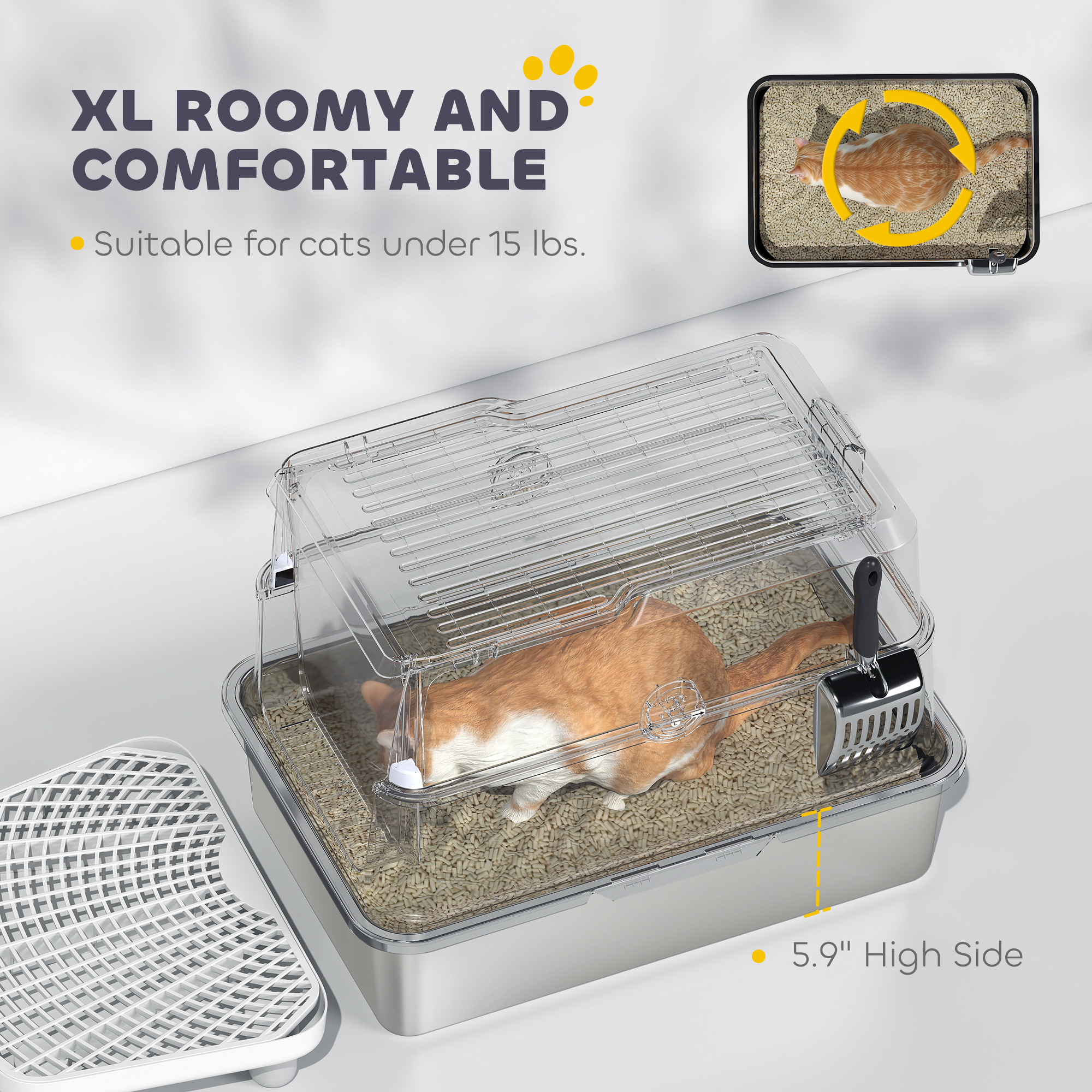 Extra Large Stainless Steel Cat Litter Box for Big Cats with Flip Cover, High-Sided Enclosure & Scoop — image 8