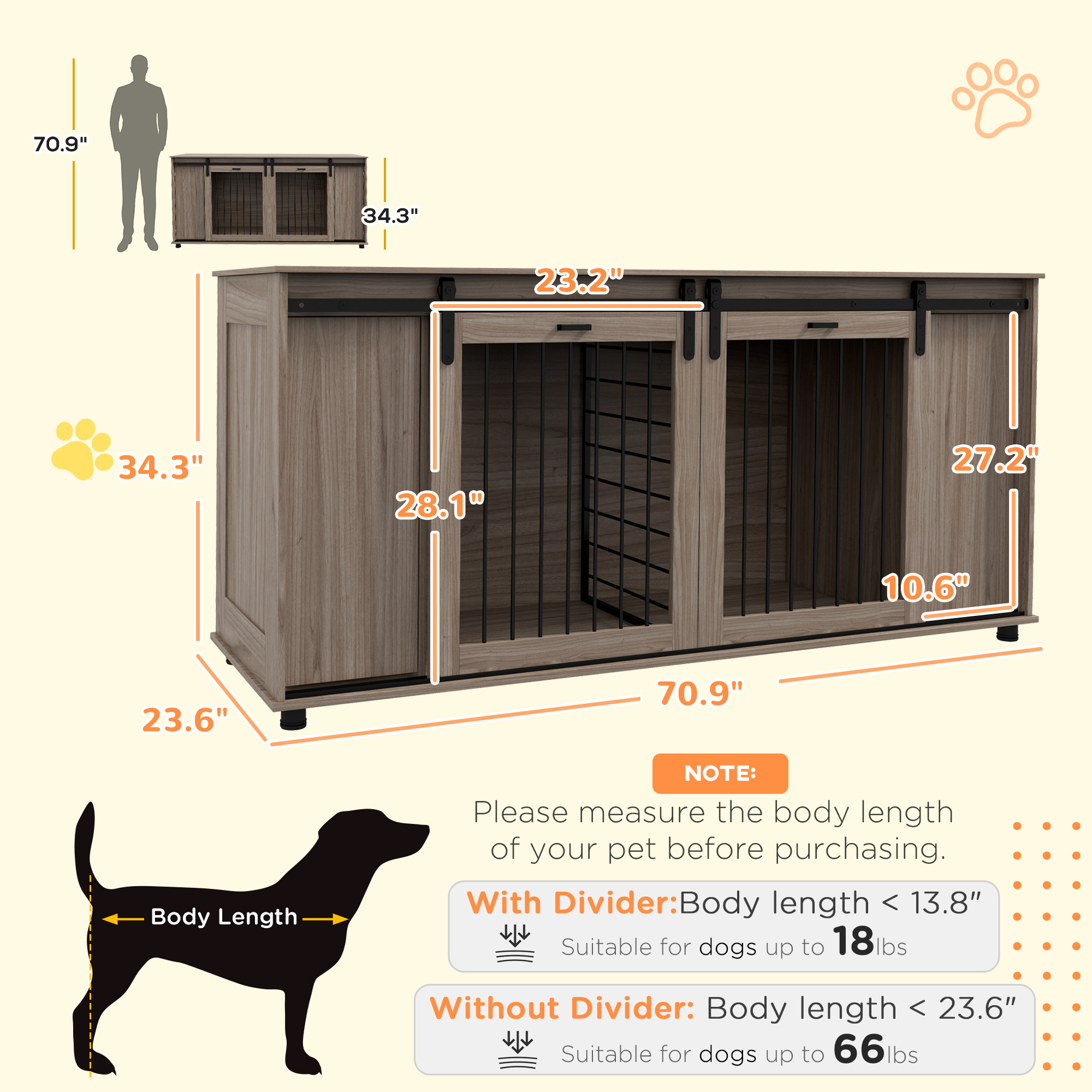 Casa de Perro Moderna de 71" con Panel Divisor Removible y Almacenamiento para 2 Pequeños o 1 Gran Canino, Roble — imagen 3