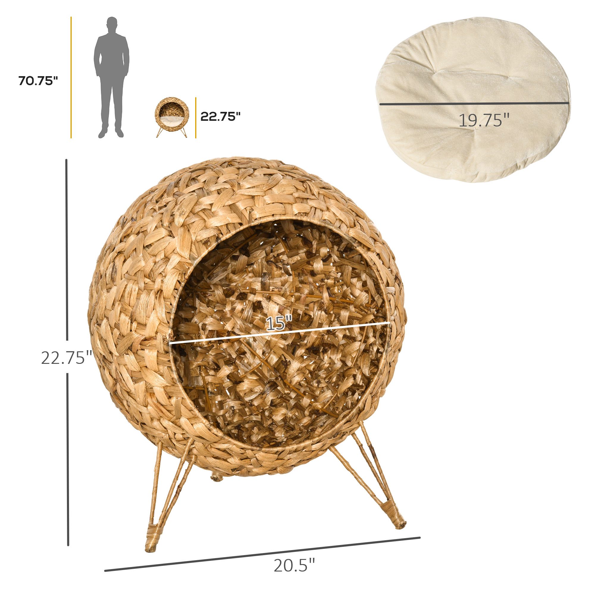 Cama para Gatos Tejida de 20.5", Casa Elevada para Gatitos Tejida a Mano con Hoja de Banano Trenzada, con Cojín, Natural — imagen 6