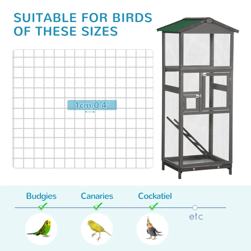 Wooden Bird Cage Outdoor Aviary House For Parrot, Parakeet, With Pull Out Tray And 2 Doors, Grey — imagen 5