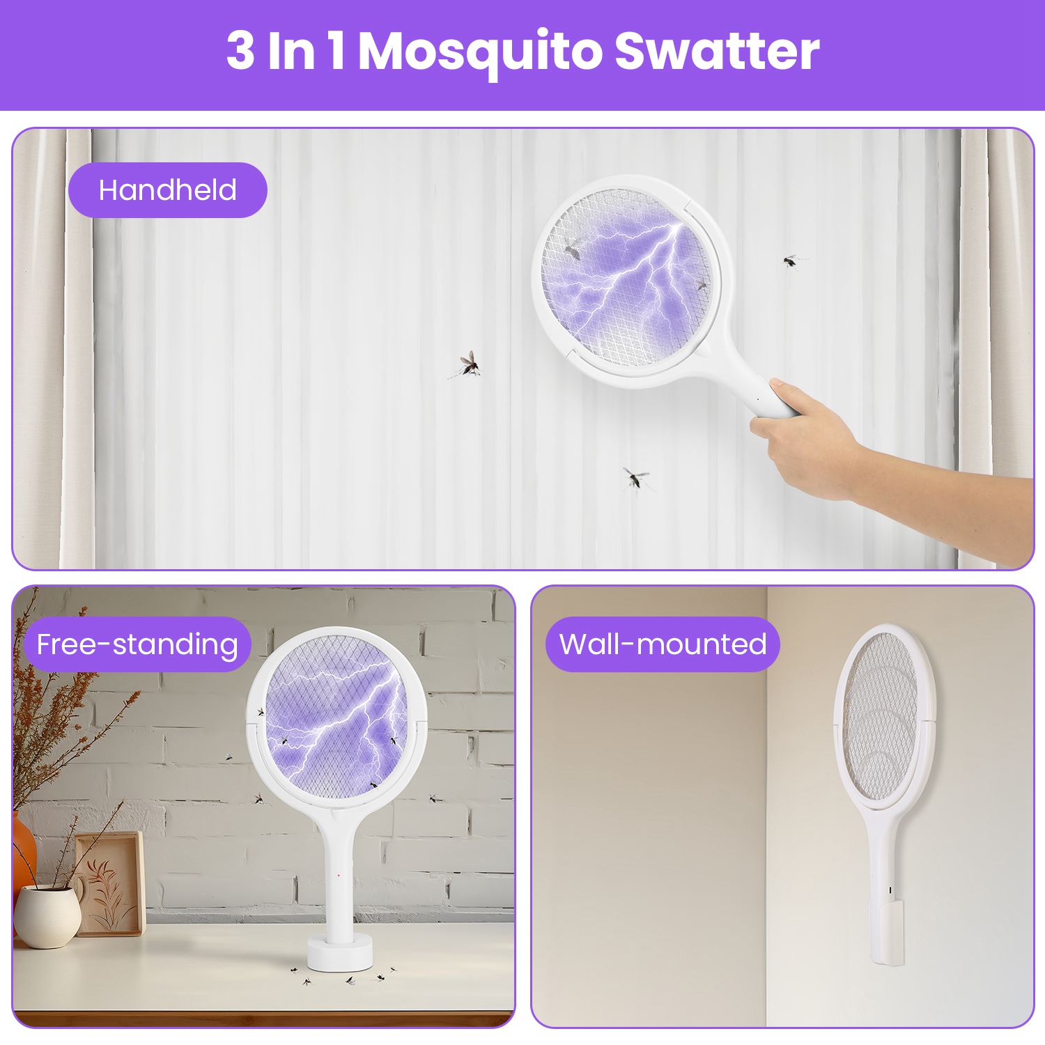 Raqueta Matamoscas Eléctrica 3 en 1 con Cabezal Giratorio de 90 Grados, Mata Mosquitos de Mano para Interior y Exterior con Vara de Extensión Telescópica — imagen 5