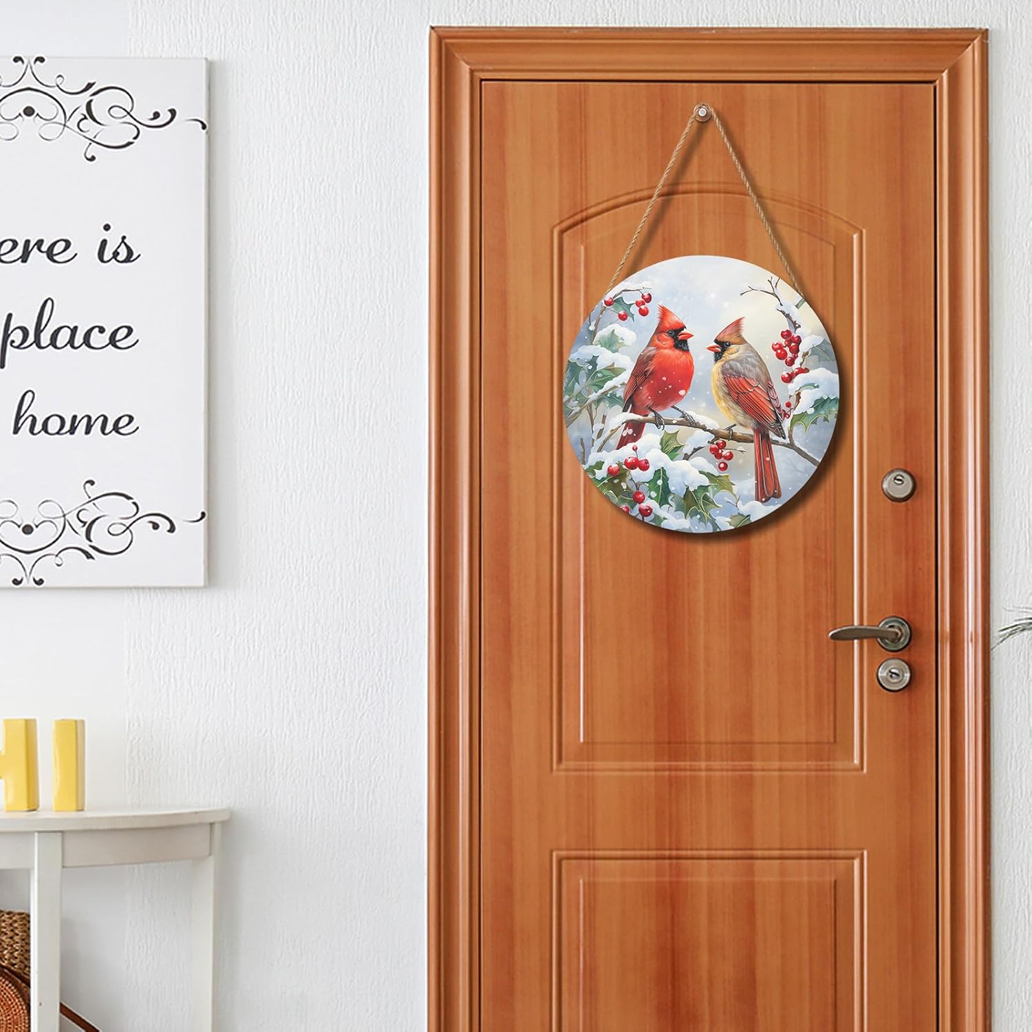 Winter Welcome Sign For Front Door, Cardinal Bird Wooden Door Hanger, Round Christmas Holiday Decor For Porch, Wall, Yard & Home — image 4