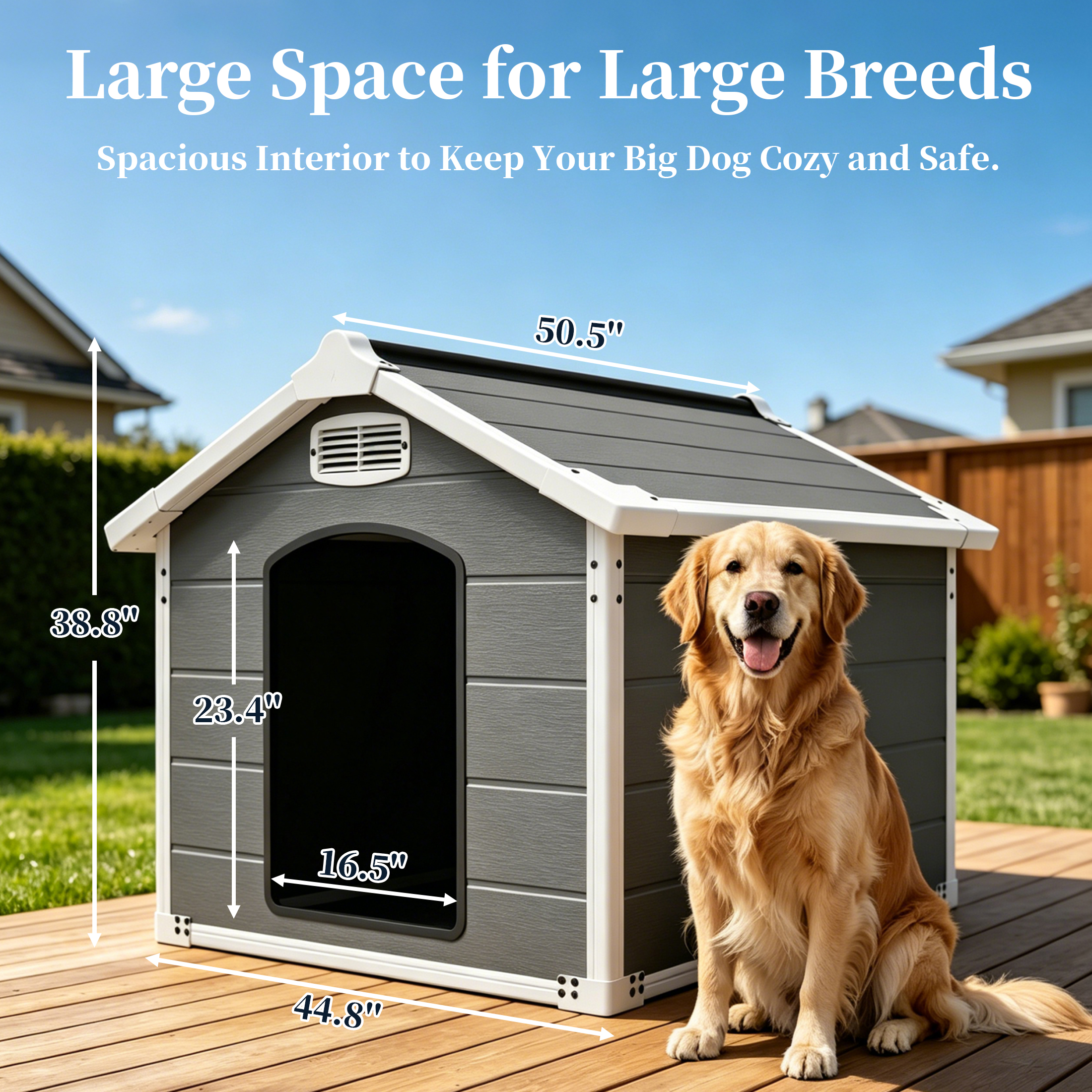 Caseta Grande para Perro de 50.5" para Razas Grandes, Casa para Mascotas de Uso Interior y Exterior de Alta Resistencia, Impermeable, Protección UV, Panel de PP de Doble Pared Resistente a Rasguños, Ventilación Frontal y Trasera – Fácil de Limpiar y Lavable — imagen 13
