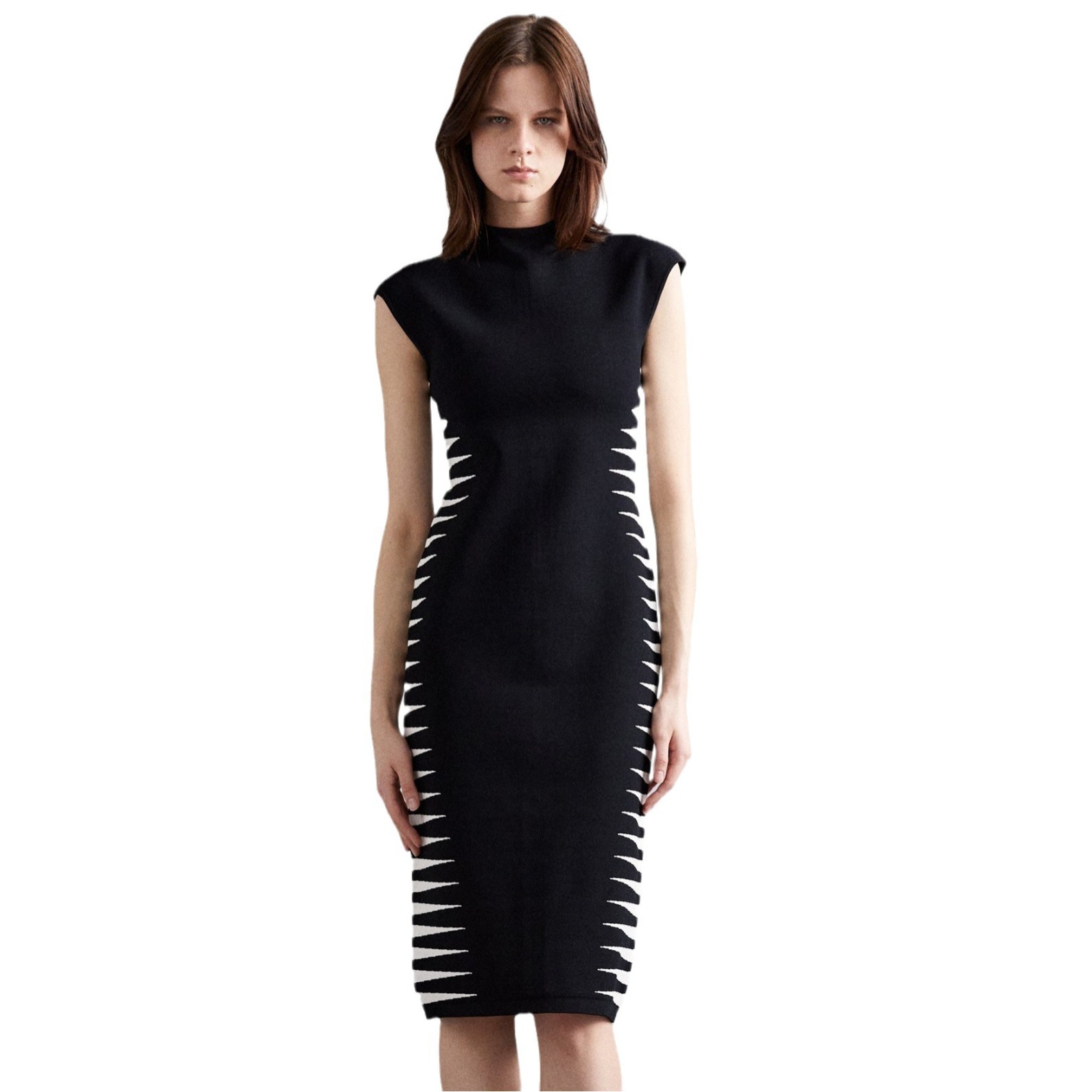 White contrast zebra print half-high collar sleeveless bandage dress intellectual and elegant stretch women's clothing — image 1
