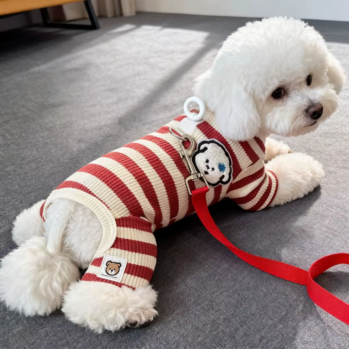 Pet Dog Clothing for Autumn and Winter, Suitable for Pulling Warm Striped Four Legged Small Puppies — image 1