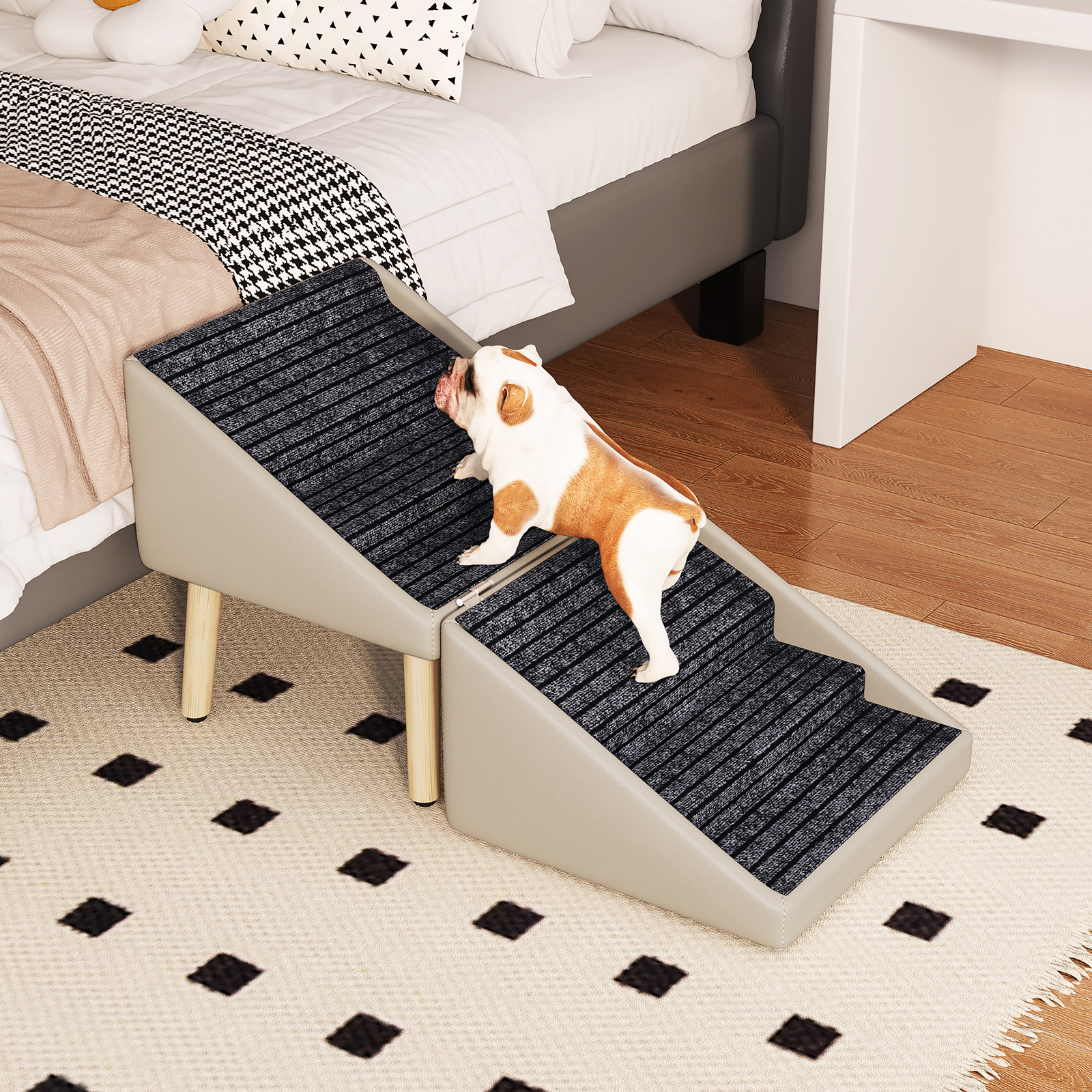 Paso para Perros para Cama y Sofá - Escaleras de Madera 2 en 1 para Perros Grandes, Medianos y Pequeños, Diseño Split con Superficie Antideslizante Gris Claro — imagen 18