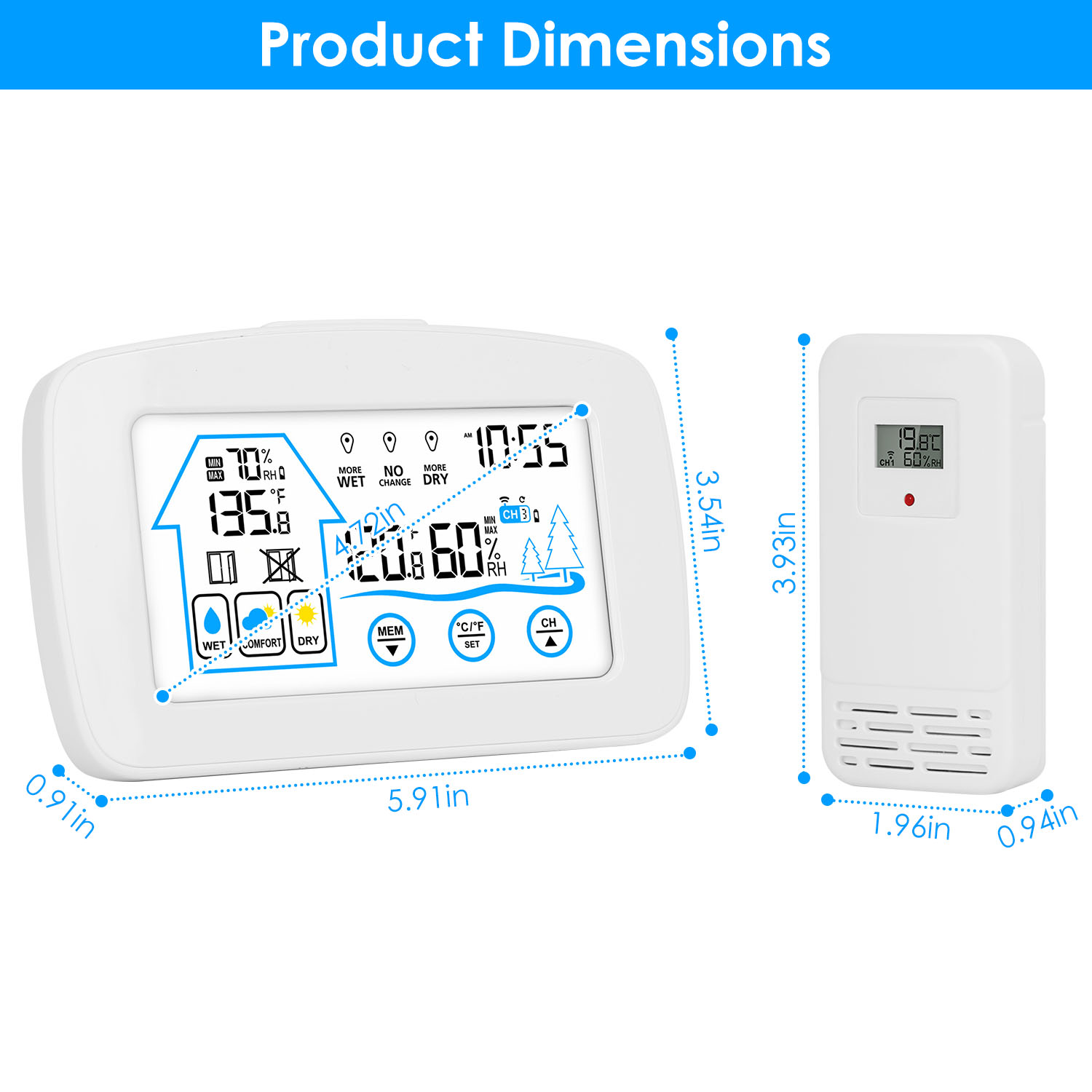 Wireless Weather Station With Clock 196FT Range Indoor Outdoor Thermometer Sensor Temperature And Humidity Monitor Humidity Forecast Battery Powered Backlight Display — image 5