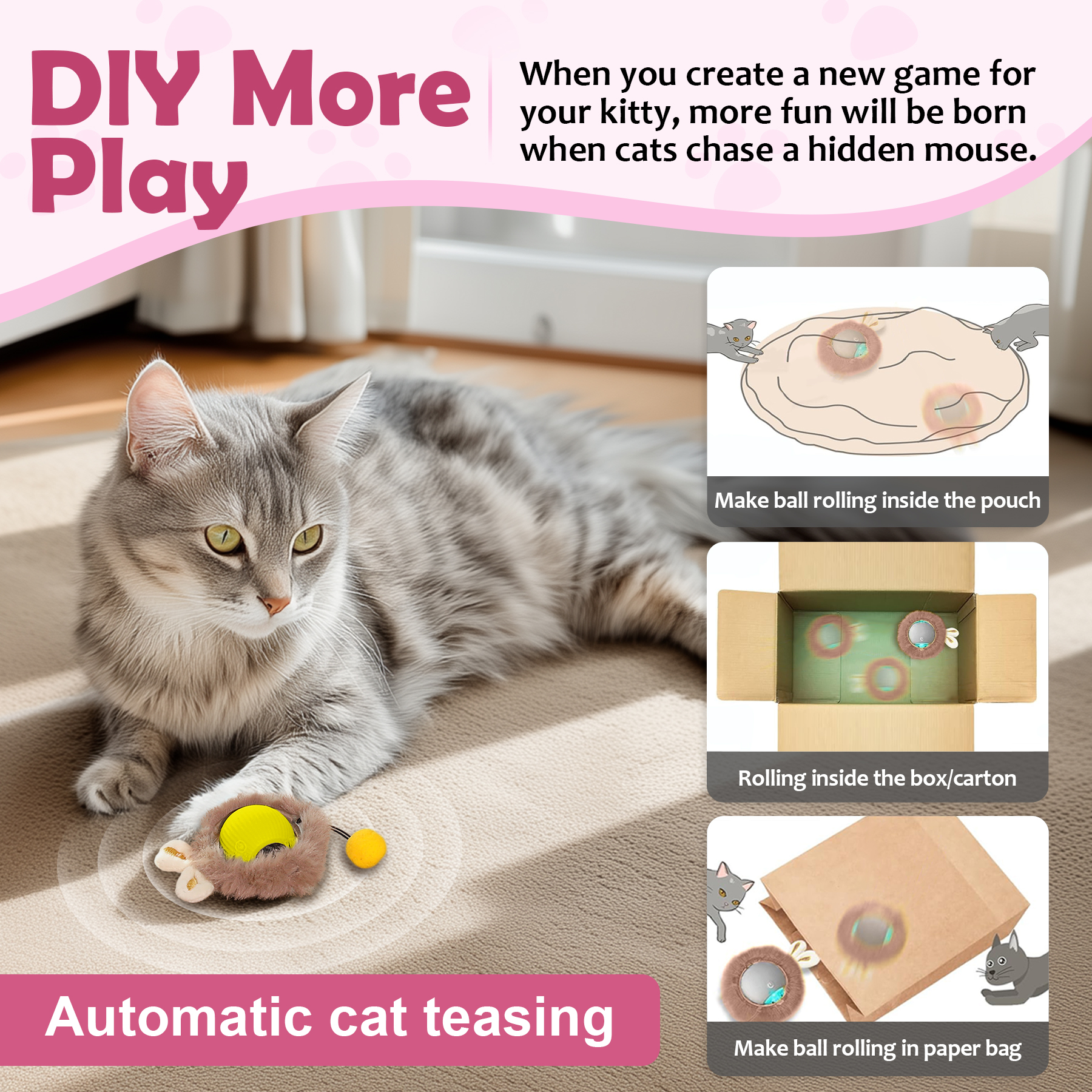 Juguetes Interactivos de Bola para Gatos y Perros - Pelota Móvil con Luces y Cola y Orejas de Conejo para Mascotas Domésticas — imagen 2
