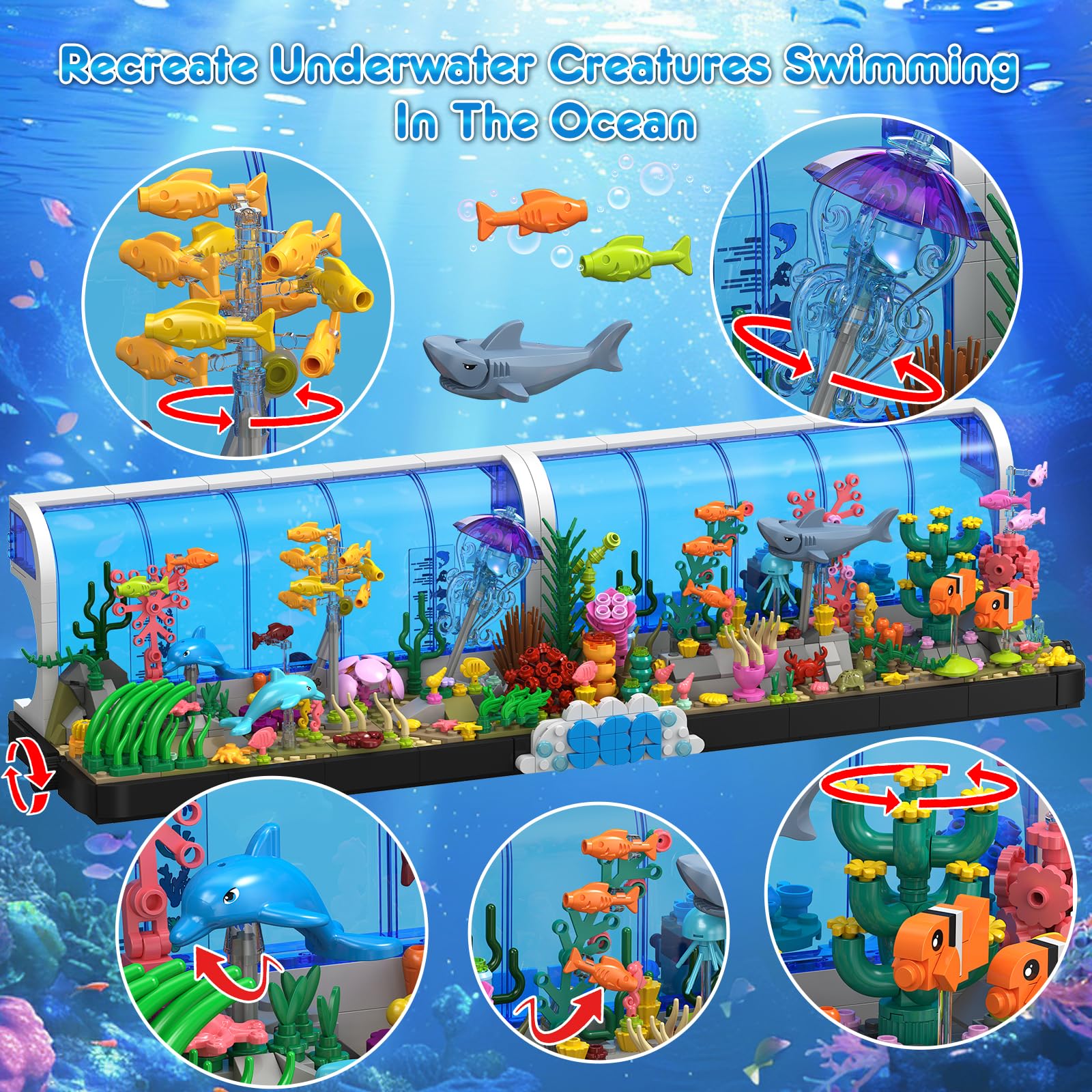 HOGOKIDS Aquarium Building Set - 2 Styles Oceanarium Construction Toy For Kids And Adults, Rotatable Underwater Tank Includes Dolphins, Crab, Fish, Jellyfish And Sea Animals — image 2