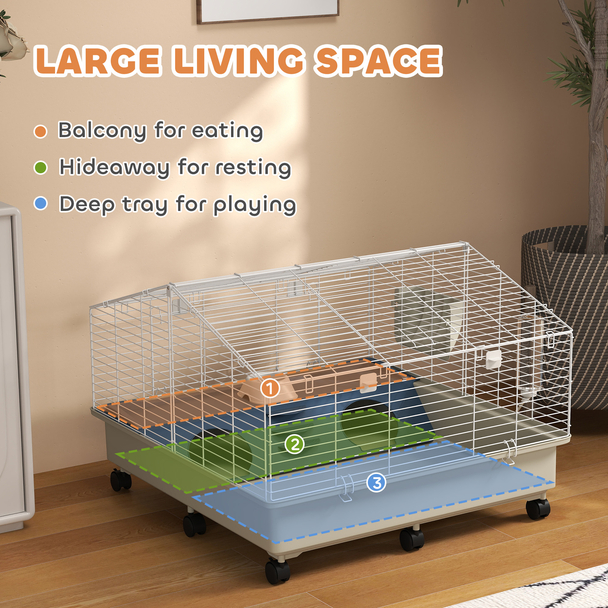 Caja Rodante para Pequeños Animales con Botella de Agua, Alimentador de Heno y Tazón para Conejos, Erizos y Caviares, 35" x 35" x 25" — imagen 2