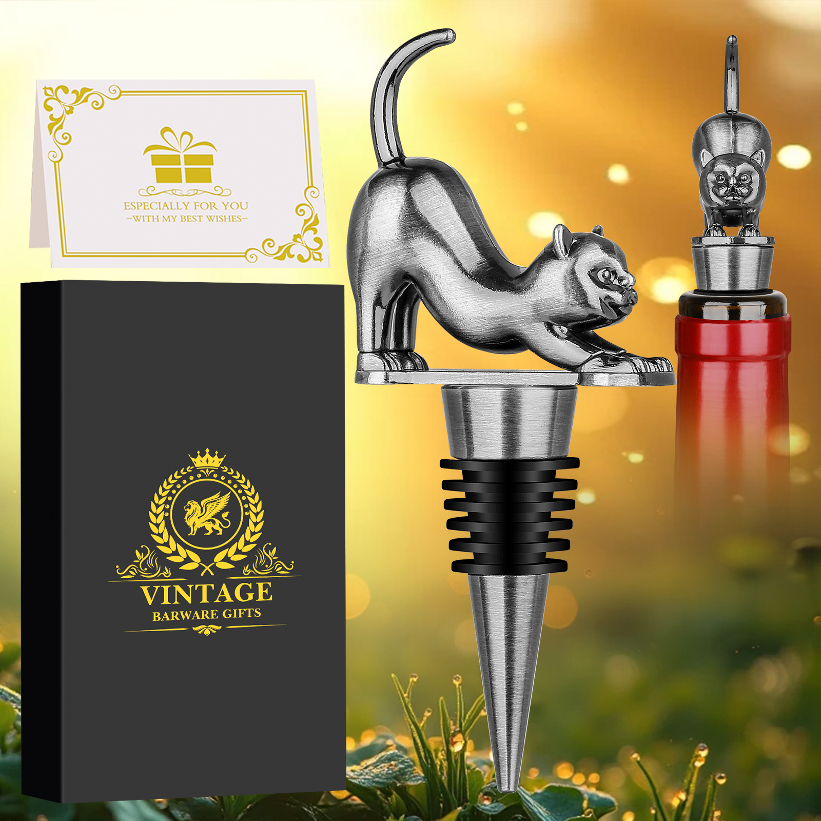 Conjunto de Tapones de Vino con Forma de Gato con Luster Metálico, Regalo en Caja de Presentación para Enthusiastas del Vino — imagen 8