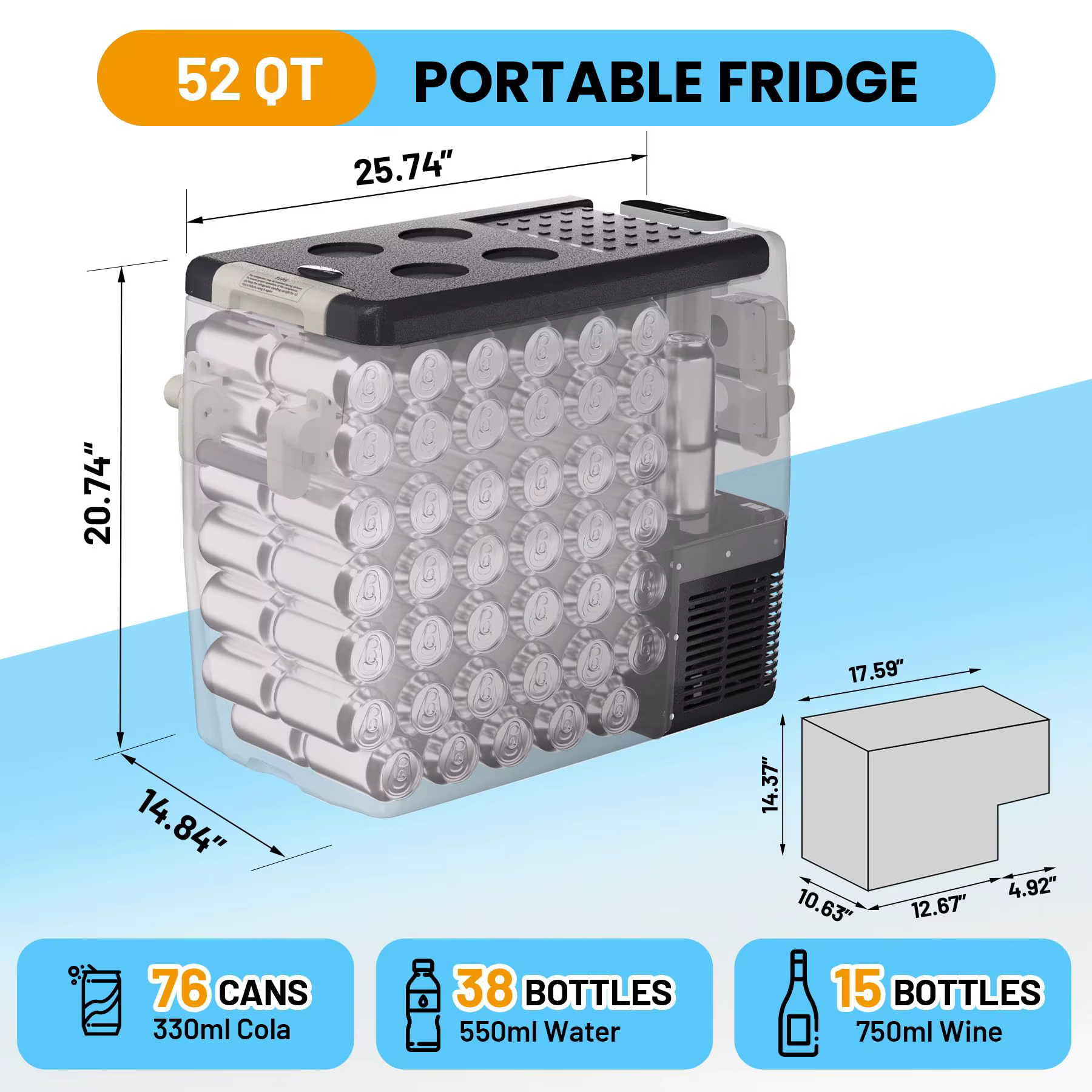 12 Volt Car Refrigerator, 52QT(50L) Electric Cooler, Portable Refrigerator 12V/24V DC 110-240V AC, Car Fridge 0℉~50℉, Portable Freezer with Basket for RV Boat Camping Outdoor Travel — imagen 4
