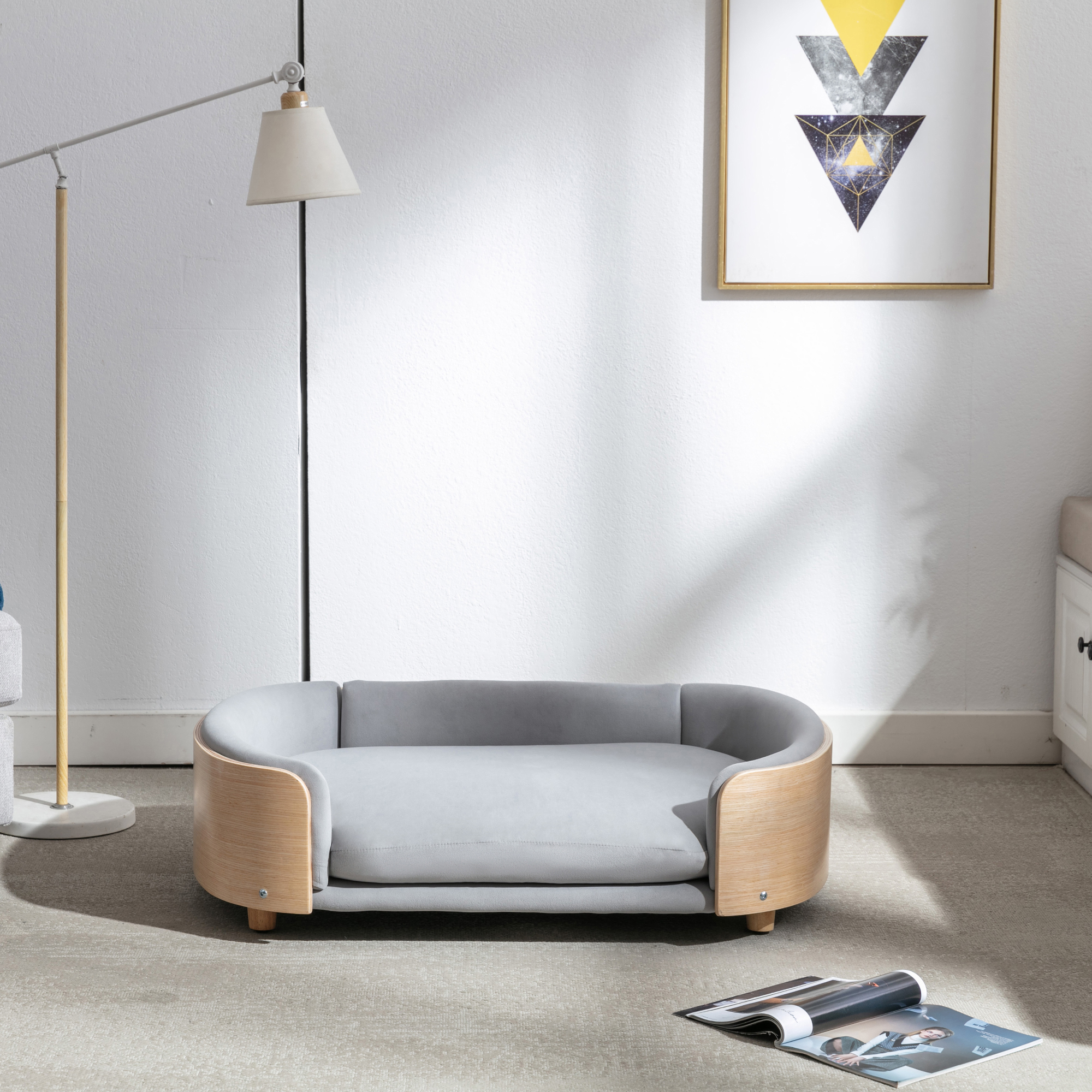 Scandinavian style Elevated Dog Bed Pet Sofa With Solid Wood legs and Bent Wood Back, Velvet Cushion, Large Size — image 25