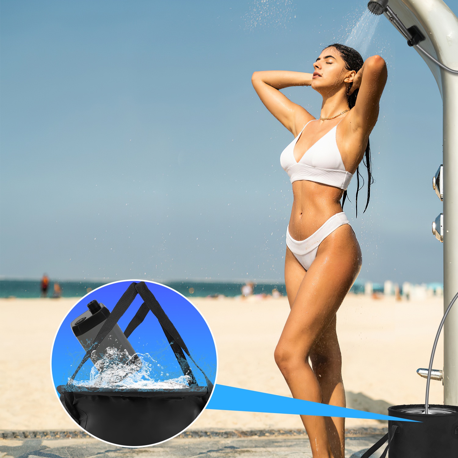 Ducha Portátil para Camping con Accesorios IPX7 Resistente a Agua 6000mAh Recargable Ducha con Cabezal Filtro Capacidad 5.3 Galones Bolsa de Almacenamiento Plegable para Caminatas Playas Viajes y Mascotas — imagen 13