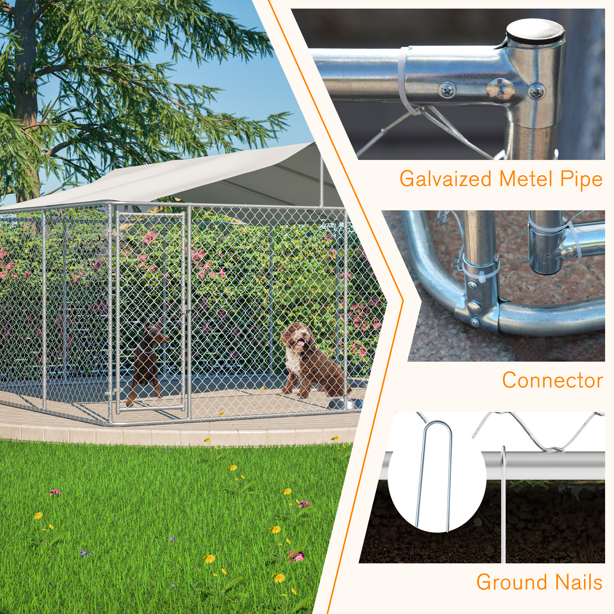 Heavy Duty Outdoor Dog Kennel 14.8x14.8x7.6 Ft, Galvanized Chain Link Playpen With Waterproof Anti-UV Cover, Secure Lock, Large Exercise Pen For Puppy & Pets — imagen 3