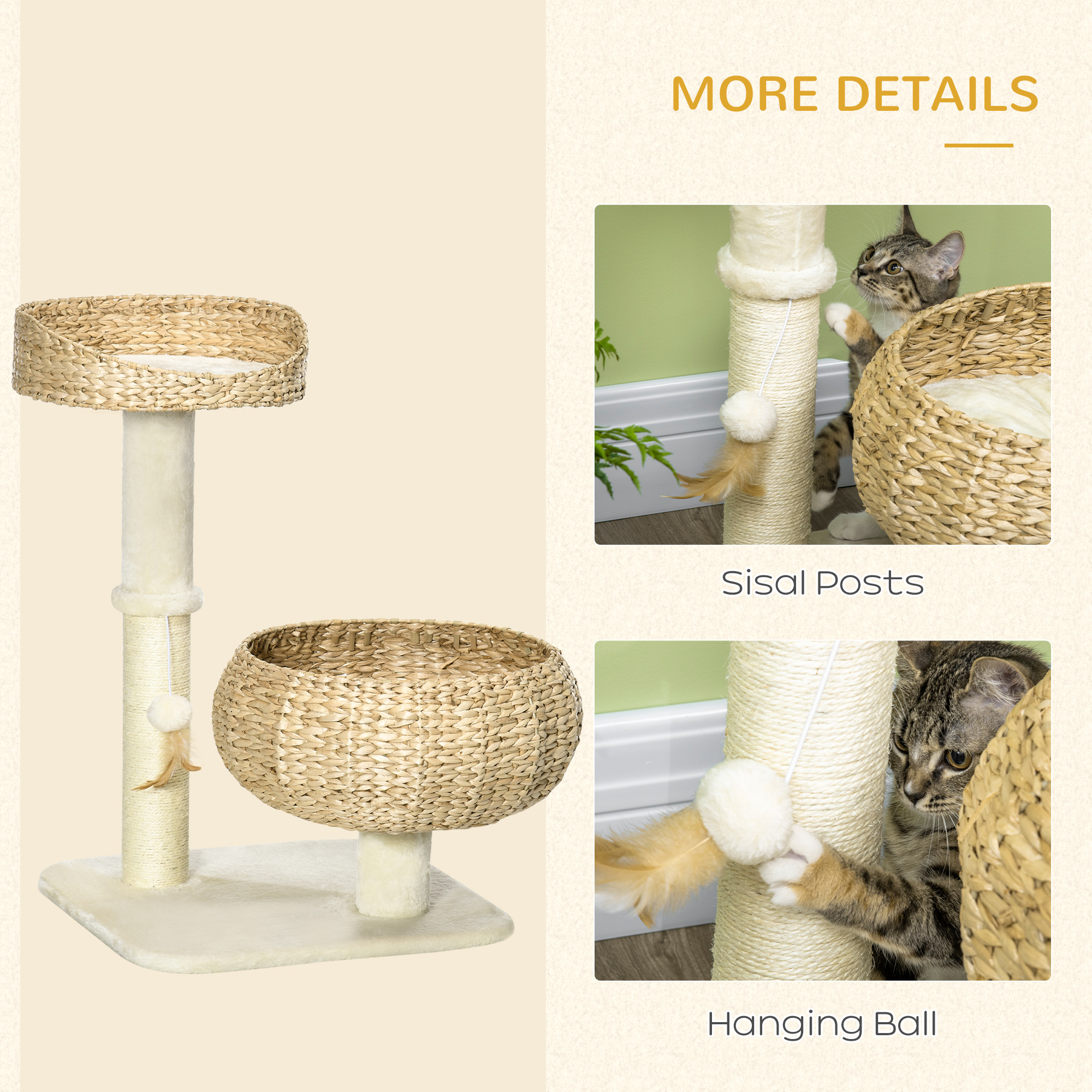 28" Elevated Cat Bed with Sisal Scratching Post for Indoor Kitties, Modern Cat Tree with Cute Basket Design, Small Cat Tree with Fun Ball Toy — image 5