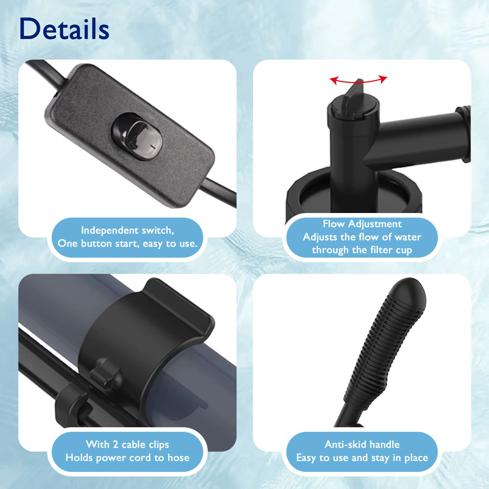 Limpia Automática de Acuario - 32W 530 GPH Kit de Limpieza de Grava con Filtro de 4 Capas y Manija Telescopica para Lavado de Arena, Función Sin Toques y Manos Secas — imagen 8