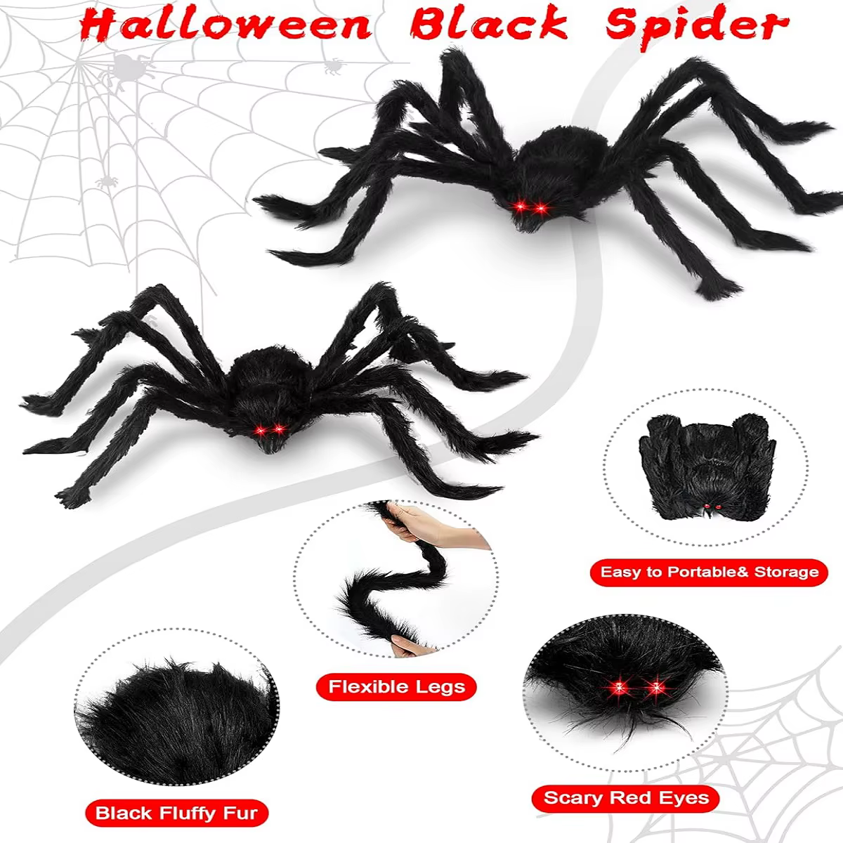 Gigantesco Araña de Plush Negro Decoración de Halloween 30-200cm Propiedades de Terror Casa Encantada Interior y Exterior Fiesta Decoración Aterradora — imagen 6