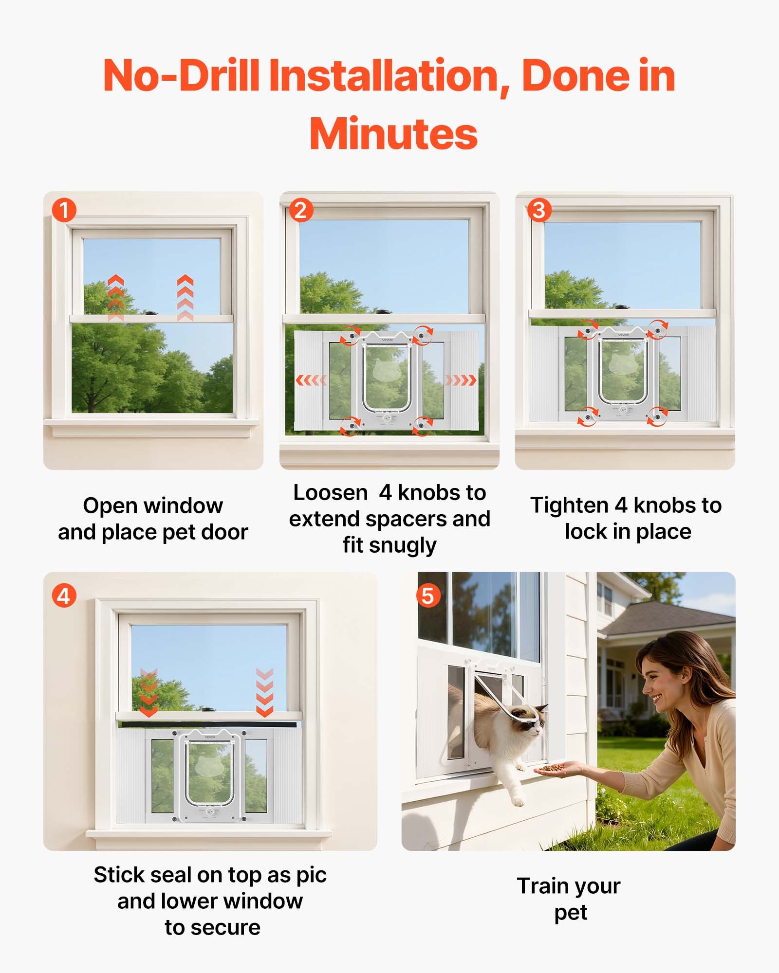 Puerta para Gatos en la Ventana, Ajustable 23"-28", 4 Modos de Bloqueo Seguros, Estructura de Aluminio y Vidrio de Alta Transparencia, Cierre Magnético, Puerta Rápida para Perros que Resiste el Clima, Blanco — imagen 5