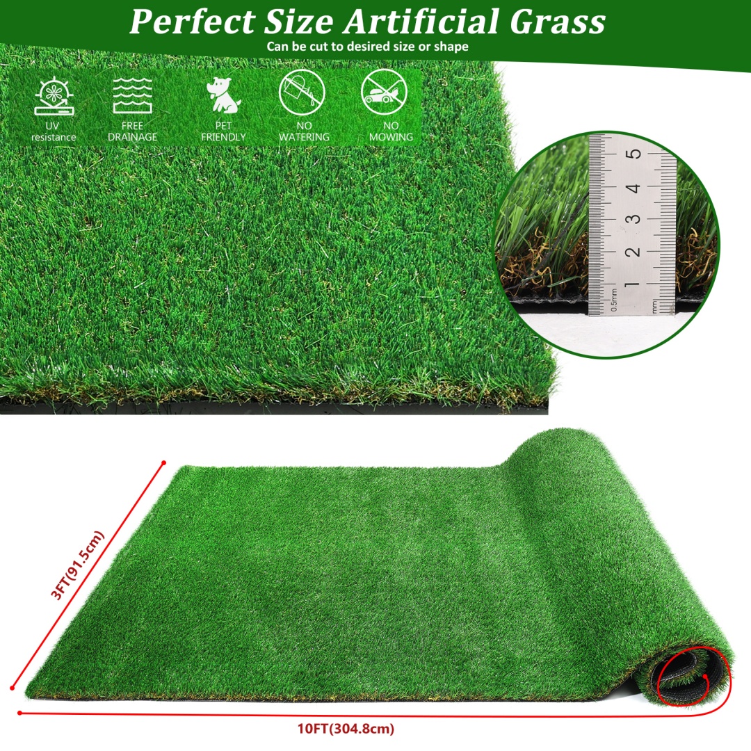 Alfombra de Césped Artificial para Exterior de 3FTx10FT, Rollo de Pasto Falso Grueso y Realista para Decoración de Patio, Balcón y Jardín, Tapete de Drenaje para Perros y Mascotas, 1.38" de Altura de Fibra — imagen 14