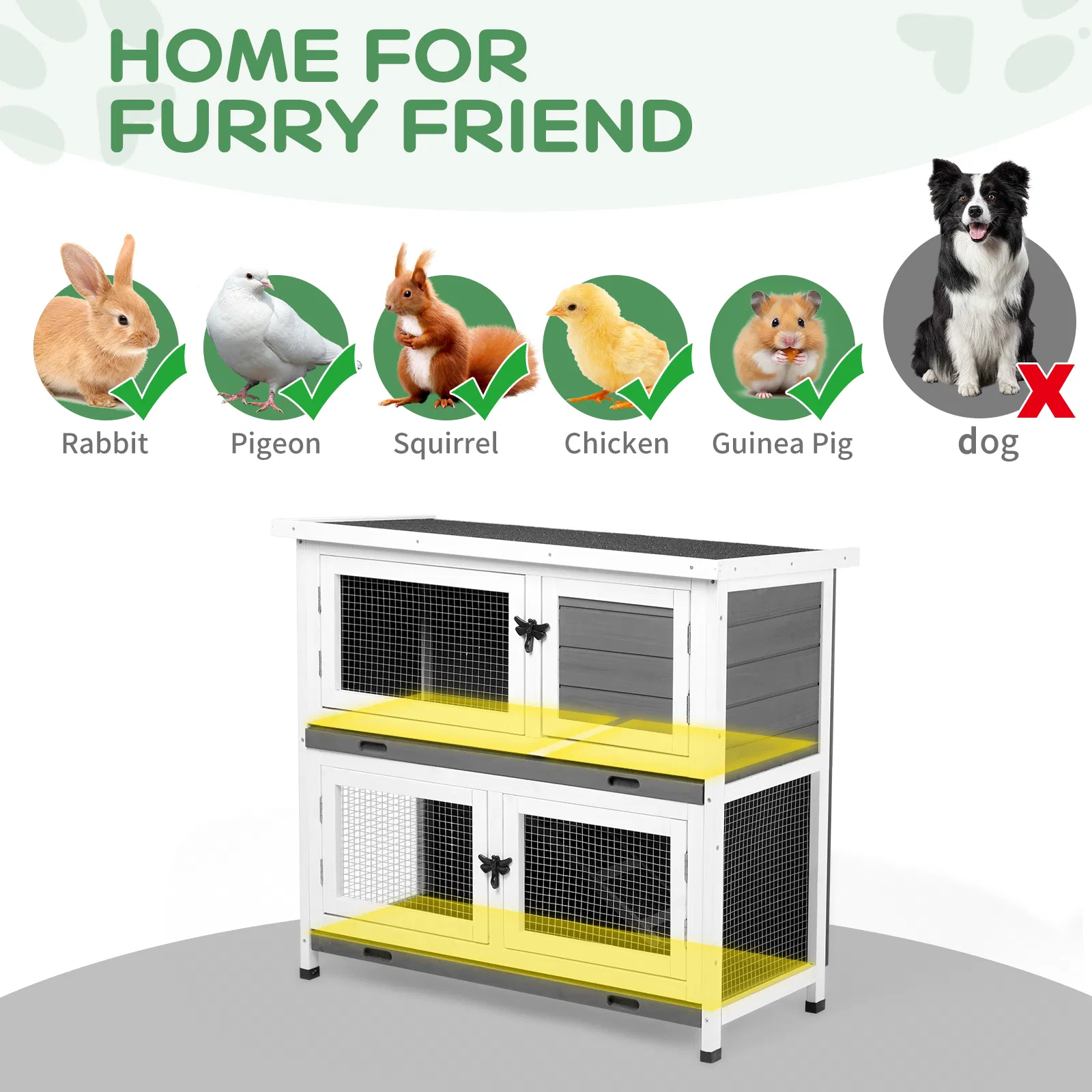 2 Story Solid Wood Rabbit Hutch Bunny Cage with 2 Large Main Rooms, Indoor Outdoor Rabbit House Guinea Pig Cage Pet House for Small Animals with 2 Removable Trays, Grey — image 2