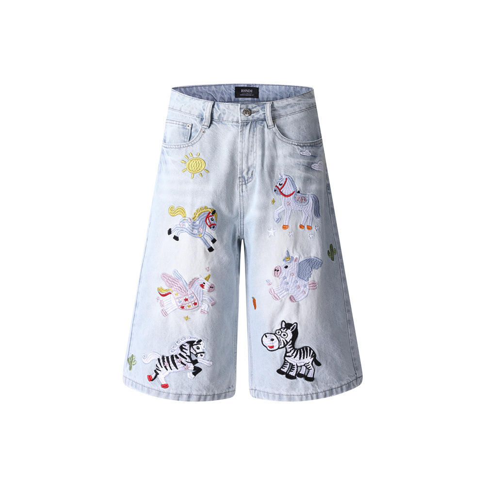 Cartoon horse embroidery light colored washed denim shorts — image 2