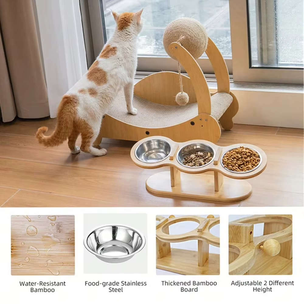 Tazones de 3 en 1 con Matriz de Almohadilla de Silicón para Comida, Pico y Agua con Tiltado de 15°, Mesa Elevada de Madera con 3 Tazones de Acero Inoxidable para Gatos y Perros — imagen 6