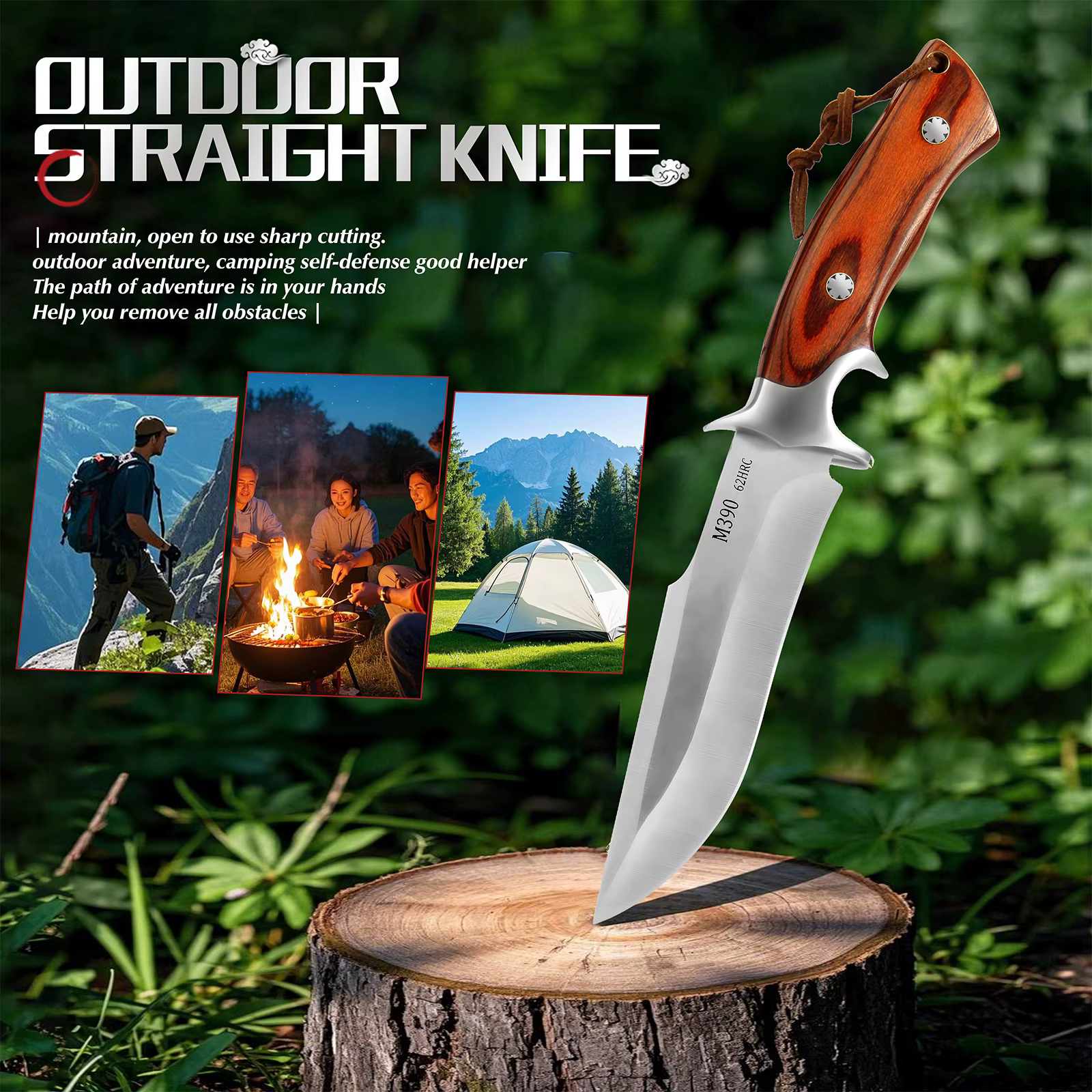 M390 Fixed Blade Hunting Knife with Wood Handle Leather Sheath Outdoor Camping Bowie Knife Gift for Men — image 4