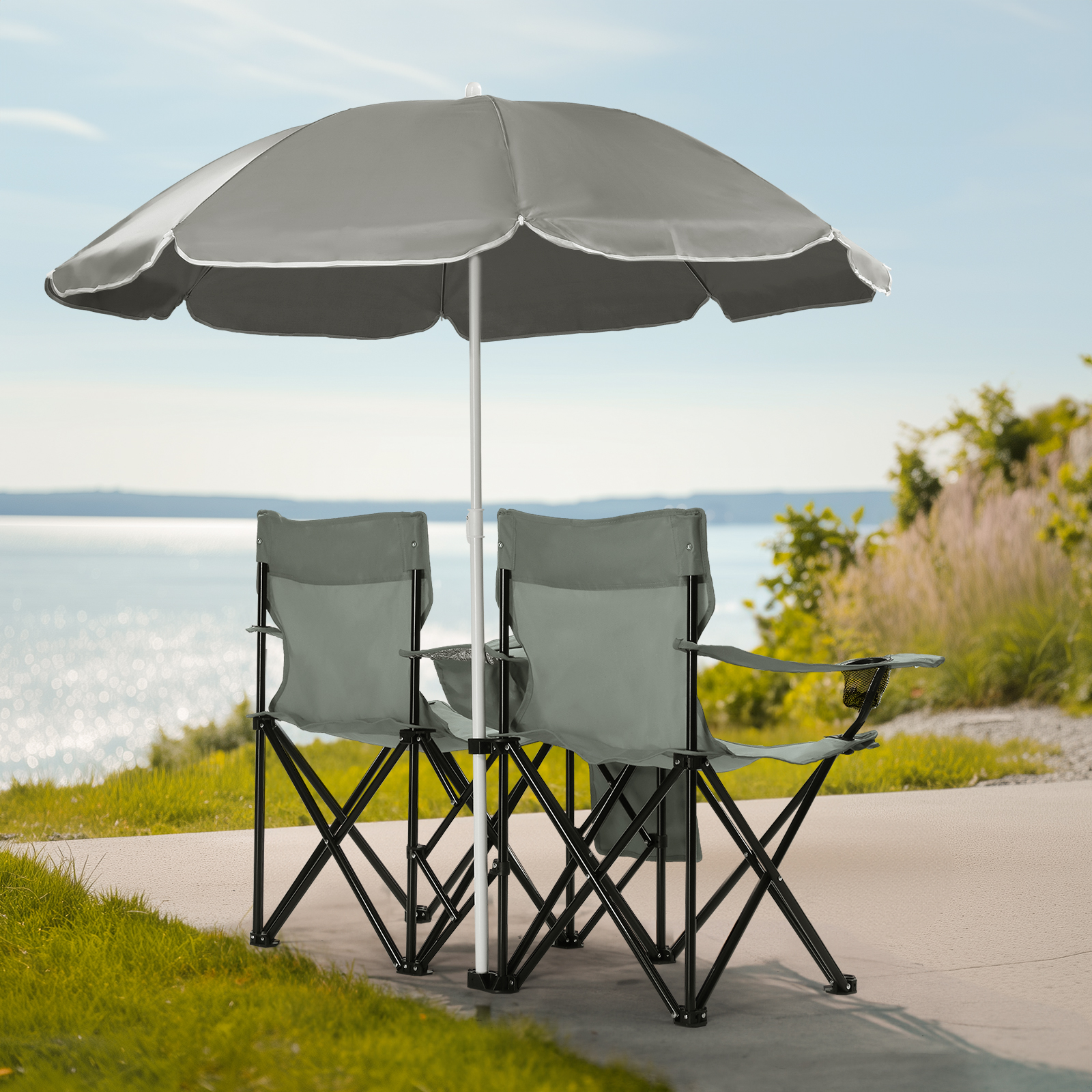 Silla de Pesca Gris, Base de Hierro, Tela Oxford 85kg con Sombrilla — imagen 7