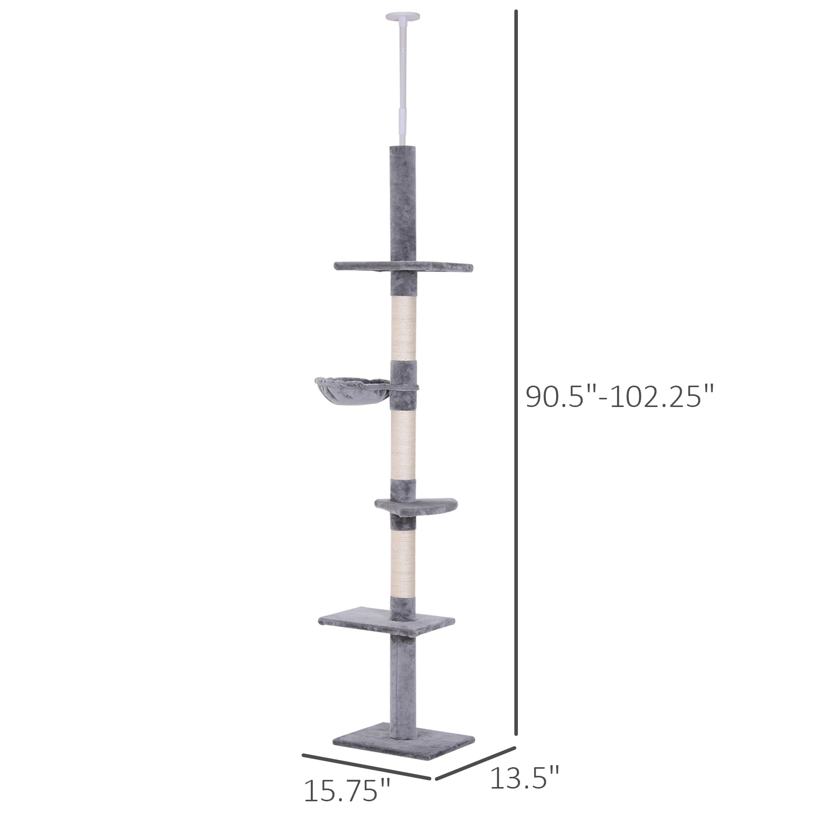 Árbol de Gato de 102" con Altura Ajustable, 5 Niveles con Postes para Rasgar y Hamaca, Gris — imagen 7