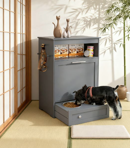 Estación de Alimentación para Mascotas, con Tazas Elevadas para Perros, Gris — imagen 4