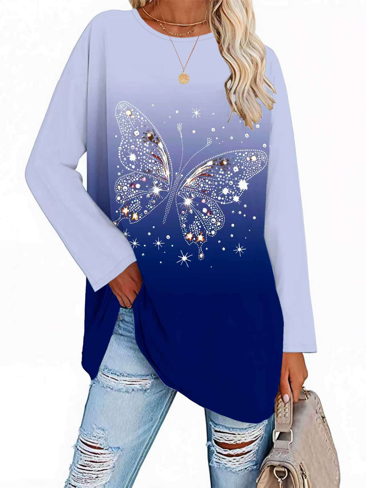 Elegant Butterfly Print Round Neck T-Shirt for WomenWinter Casual Comfortable Style — image 7