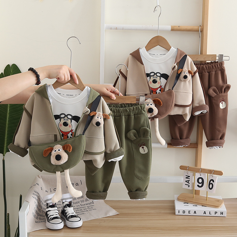 Toddler Kids Puppy Print Hooded Jacket Long Sleeve T-Shirt Pants Bag Set — image 6