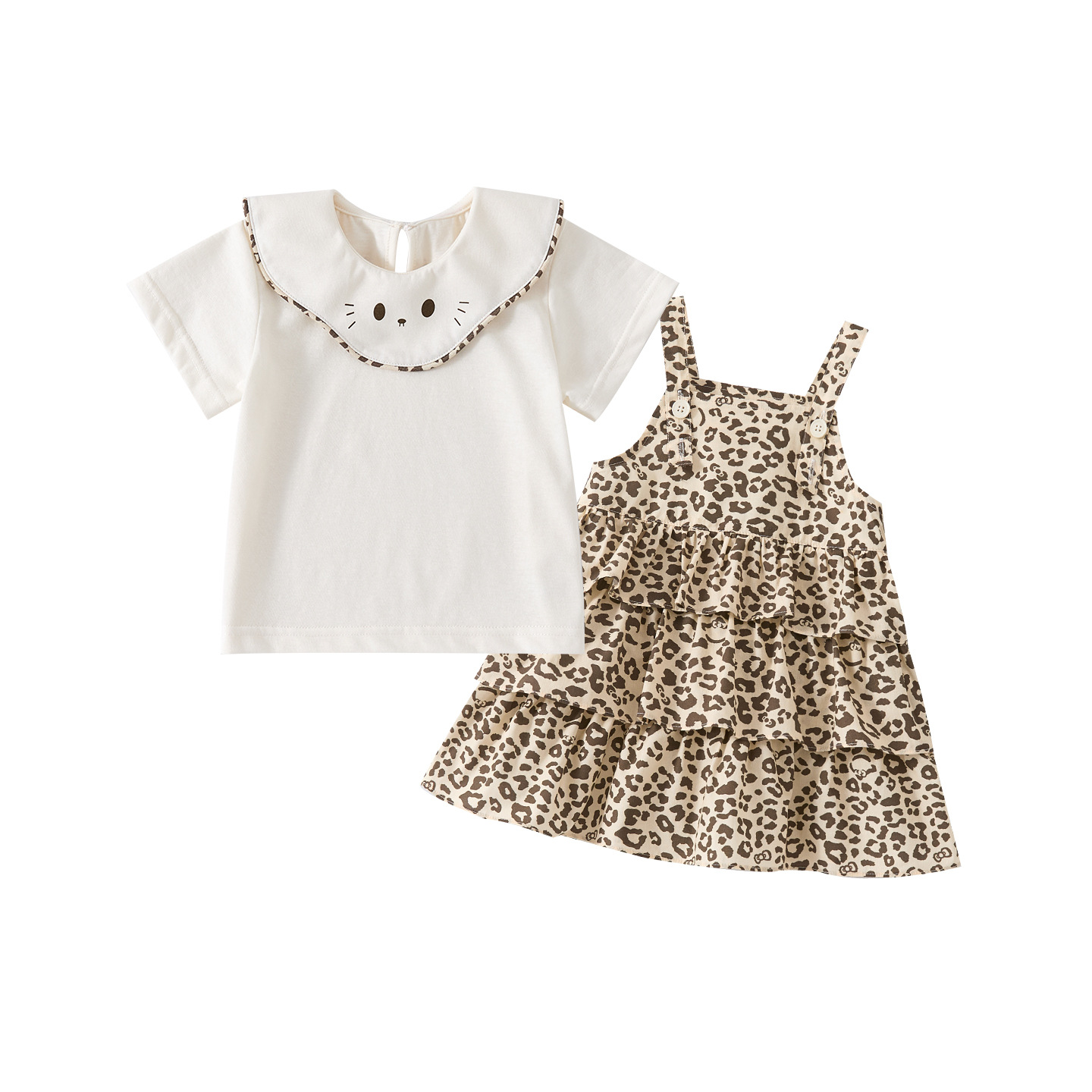 Cartoon Peter Pan Collar Short Sleeve Girl's Stylish Leopard Print Ruffle Strap Dress — image 2
