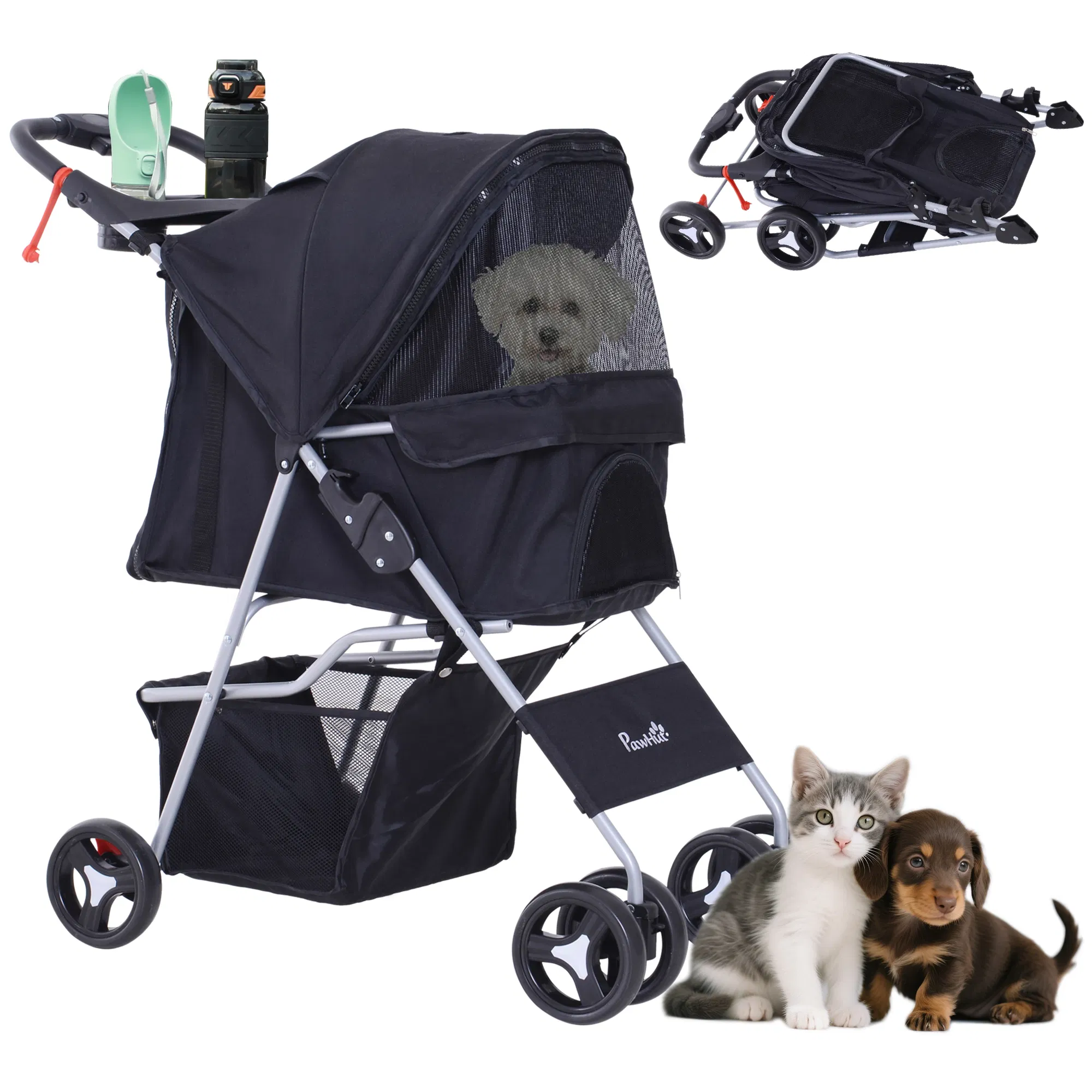 Dog Stroller, One-click Folding Pet Stroller with Cup Holder, 4 Wheels Travel Carrier w/ Brakes, 360° Swiveling Front Wheels, Storage Basket, for XS/Small Dogs Cats, Black — image 1