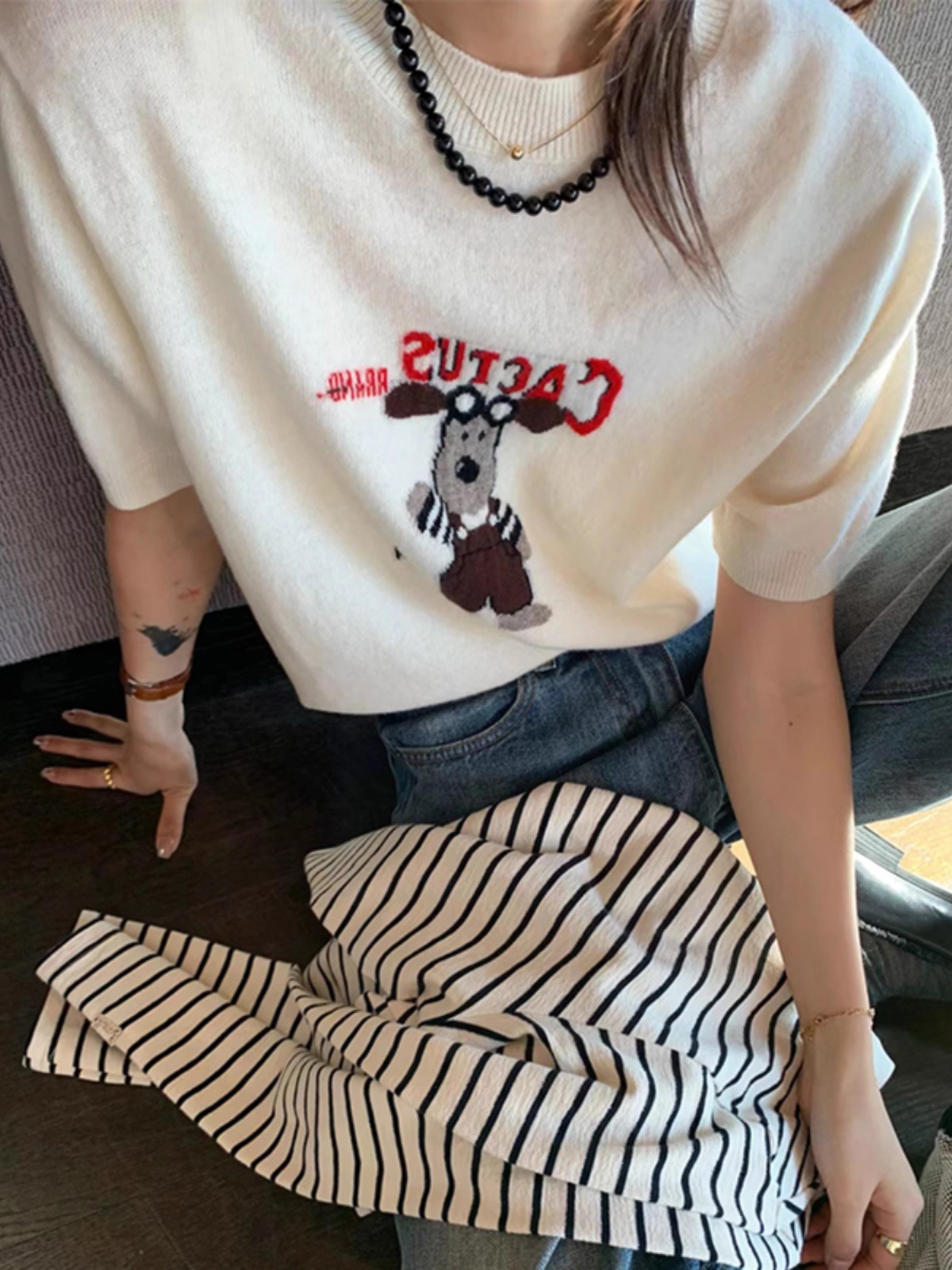 Cartoon Dog Short Sleeve Knitted Shirt for Women — image 7