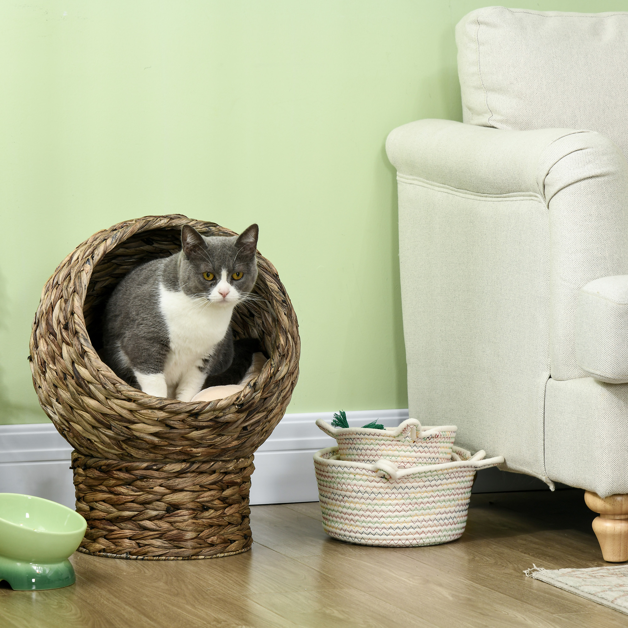 Caja de Sueño para Gatos Tejida a Mano con Almohada Suave y Forma de Silla de Huevo, Casa para Gatos en Redes Elevada con Soporte, 20" de Alto, Gris — imagen 3