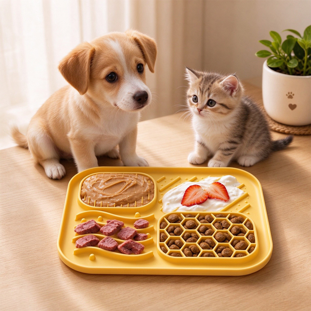 Silicone Pet Licking Mat, 4 Zones Slow Feeder Mat With Strong Suction Cups For Dogs & Cats, Anxiety Relief Lick Pad For Bathing, Grooming & Feeding — image 1