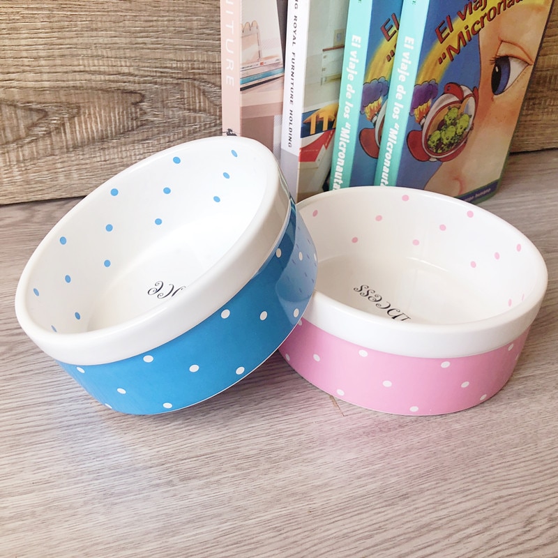 Pet Dog Beautiful Ceramics Pink Blue Dot Pattern Bowl Dog Cat Drinking Eating FeederS BW761 — image 1