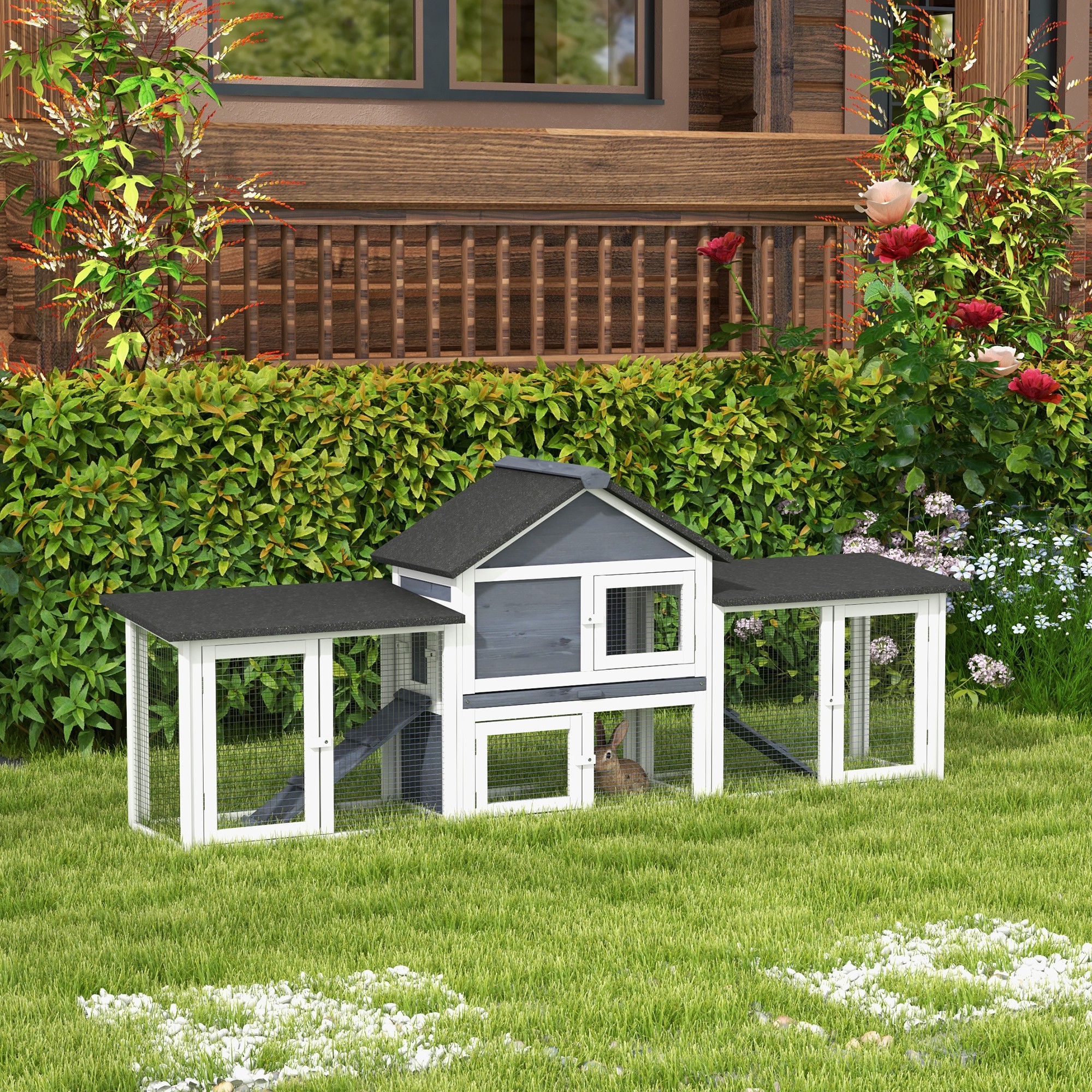 Outdoor Rabbit House 83" 2 Story Deluxe XL Wooden Rabbit Hutch, Big Bunny Cage w/ Ladder and Run, Dark Gray — imagen 1