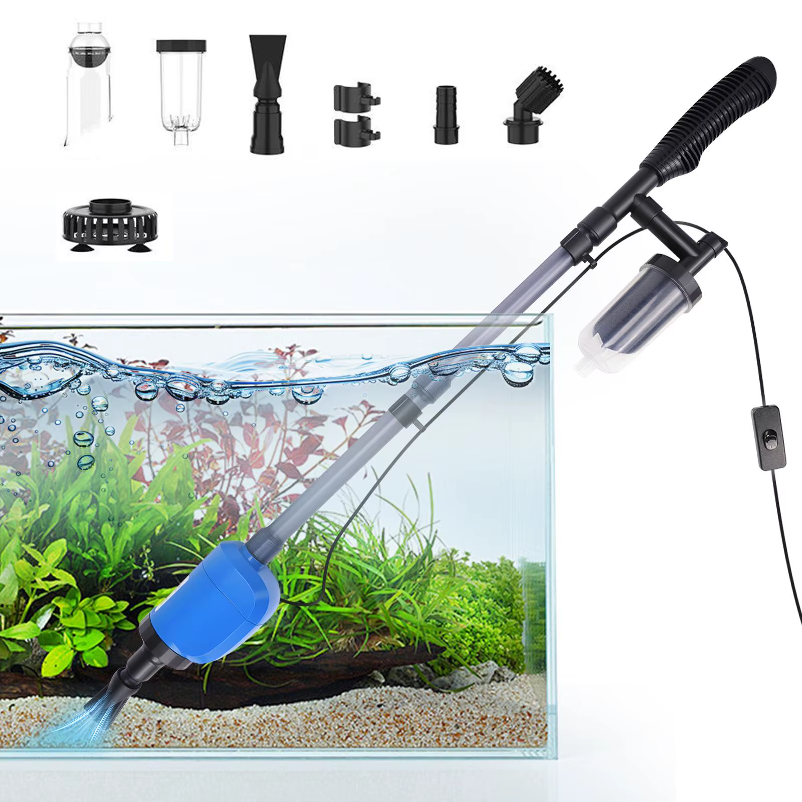 Limpia Automática de Acuario - 32W 530 GPH Kit de Limpieza de Grava con Filtro de 4 Capas y Manija Telescopica para Lavado de Arena, Función Sin Toques y Manos Secas — imagen 1