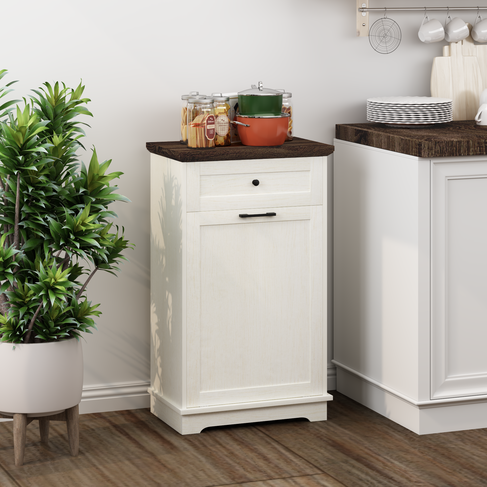 Mueble Basculante para Basurero de 10 Galones, Mueble Independiente para Bote de Basura, Mueble de Madera para Basura y Reciclaje con Cajón, a Prueba de Mascotas, para Cocina y Sala de Estar, Blanco Antiguo (No Incluye el Bote de Basura) — imagen 17