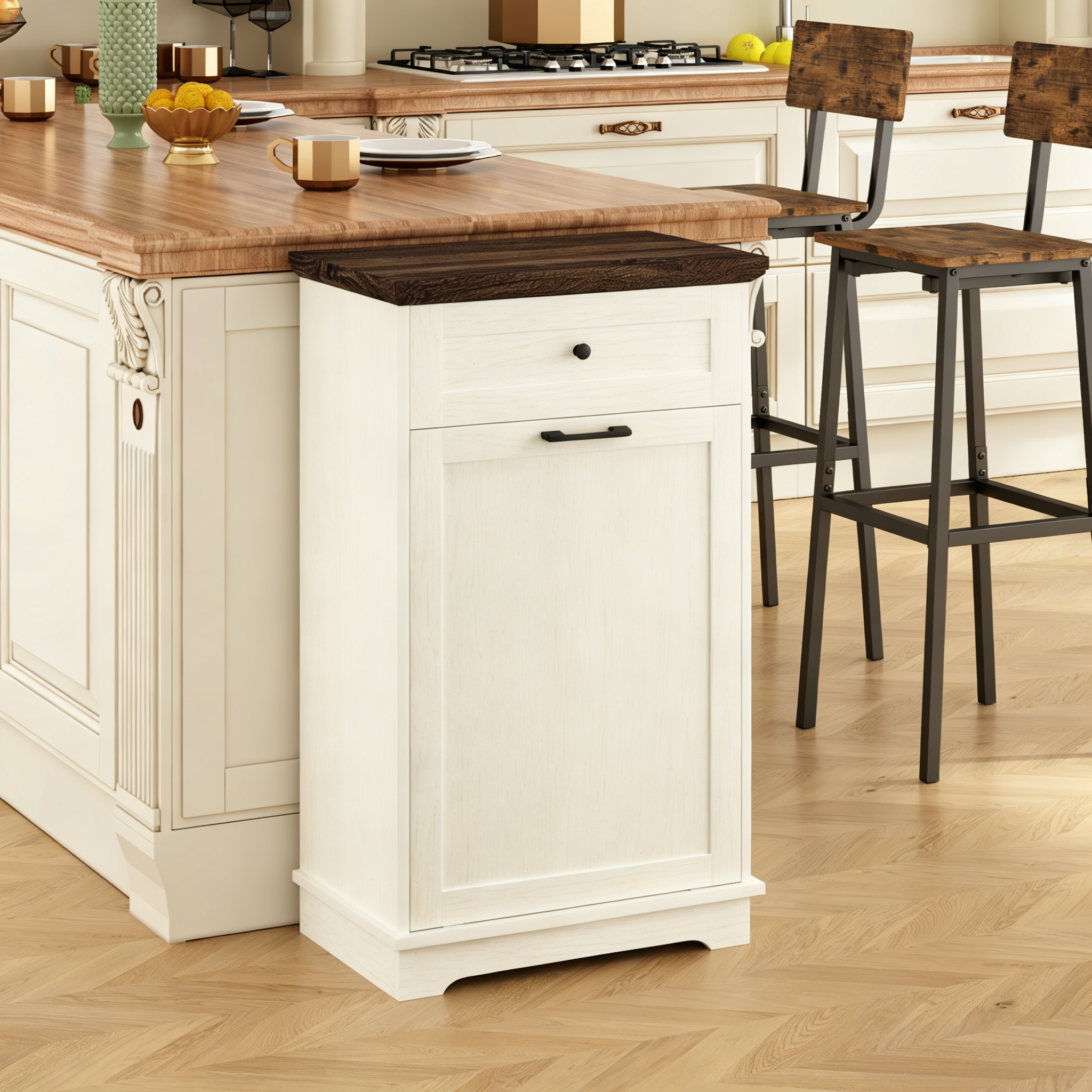 Mueble Basculante para Basurero de 10 Galones, Mueble Independiente para Bote de Basura, Mueble de Madera para Basura y Reciclaje con Cajón, a Prueba de Mascotas, para Cocina y Sala de Estar, Blanco Antiguo (No Incluye el Bote de Basura) — imagen 24