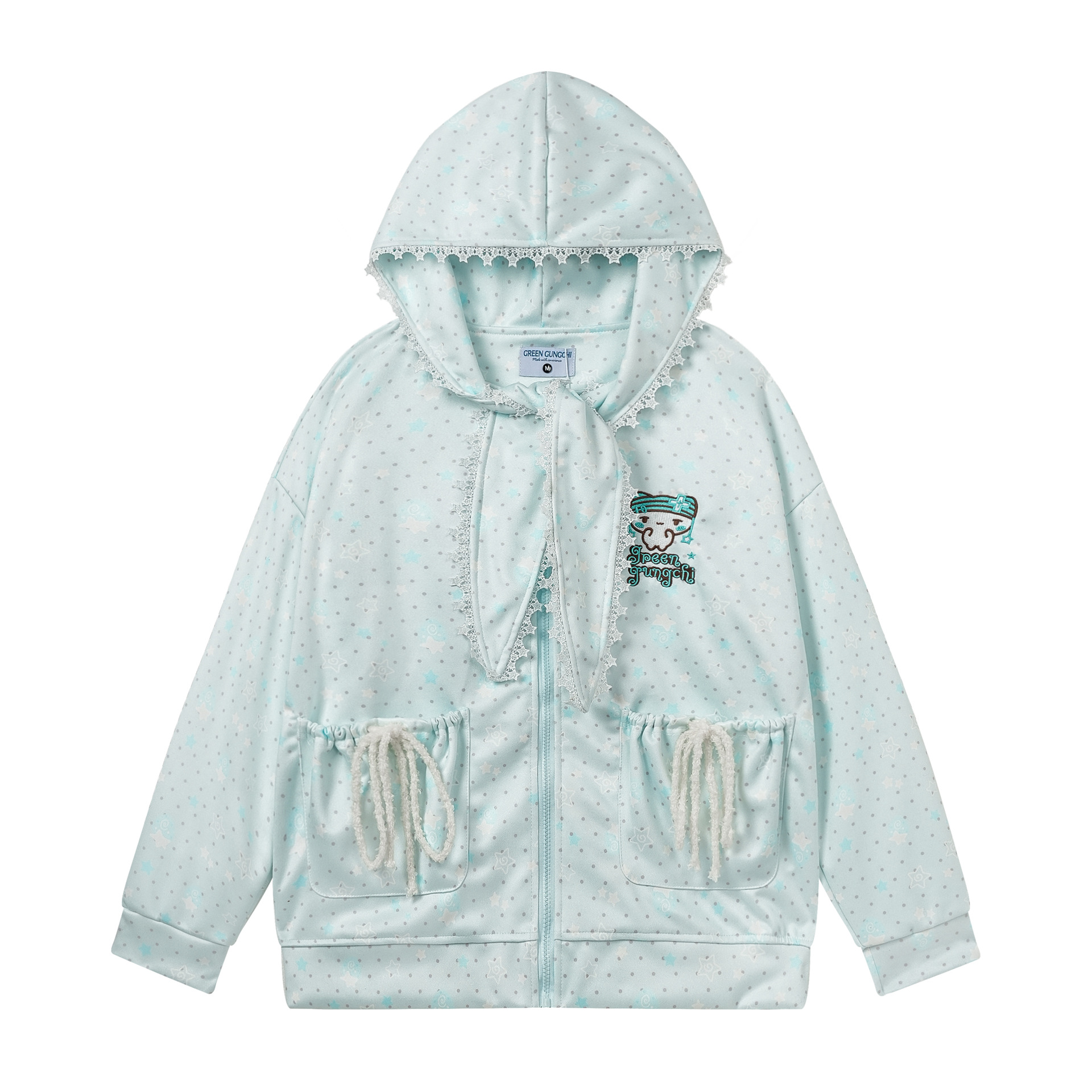 Star Print Hooded Cardigan with Lace Trim and Bunny Ear Drawstring Embroidery Sweet Style Jacket — image 4