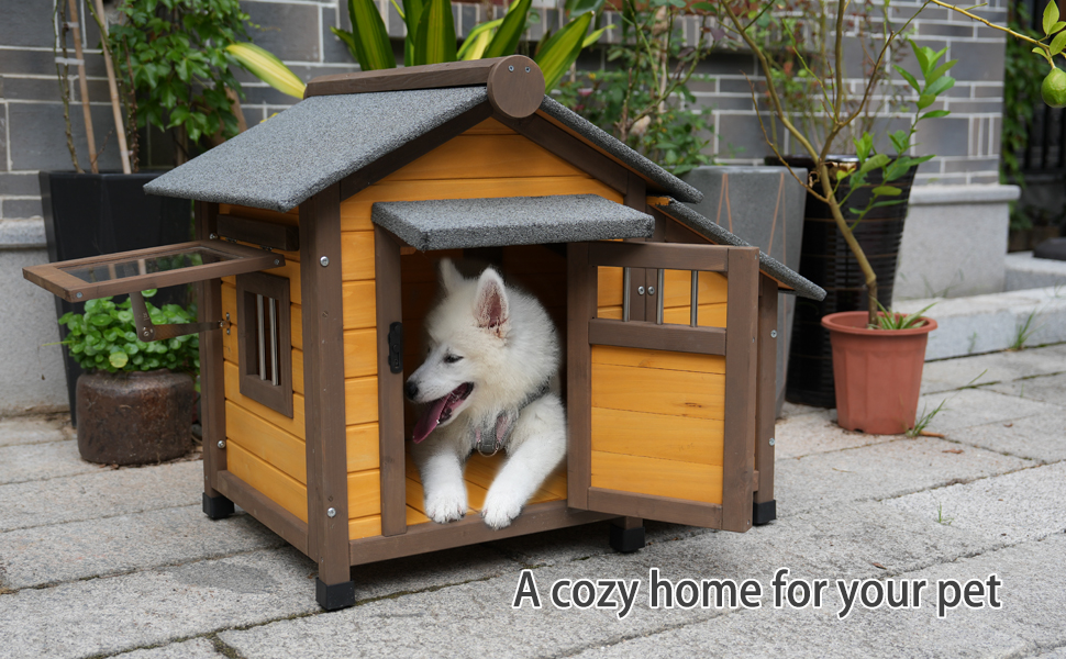 Solid Wood Dog House, Cozy Outdoor Shelter For Medium & Small Dogs With Lockable Ventilated Door, Waterproof Insulated Felt Roof & Charming Design — image 2