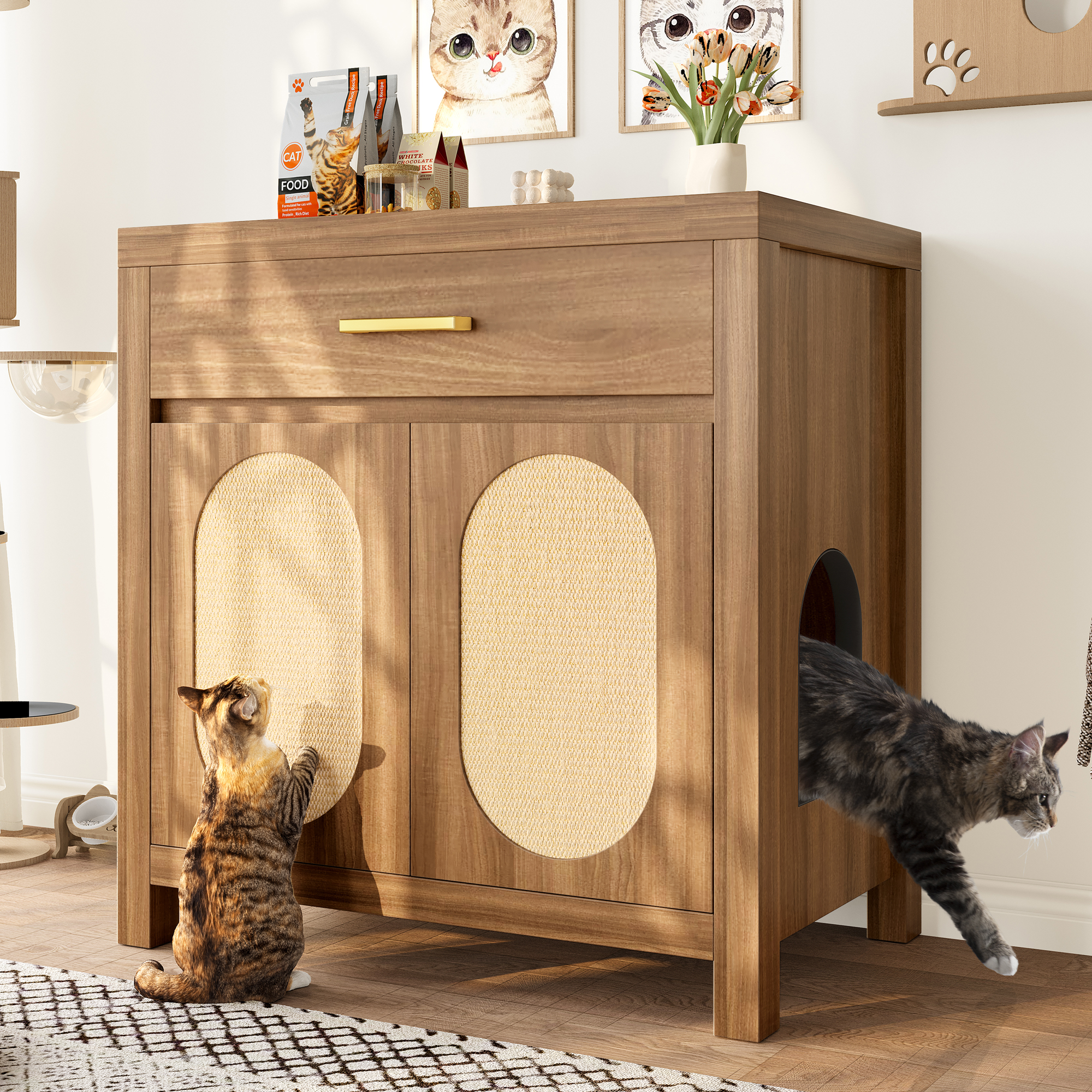 Cat Litter Box Enclosure, Hidden Cat Litter Box Furniture With Scratching Board Doors And Storage Drawer, Wooden Washroom Cat House Table Nightstand Box Cabinet, Espresso — image 1