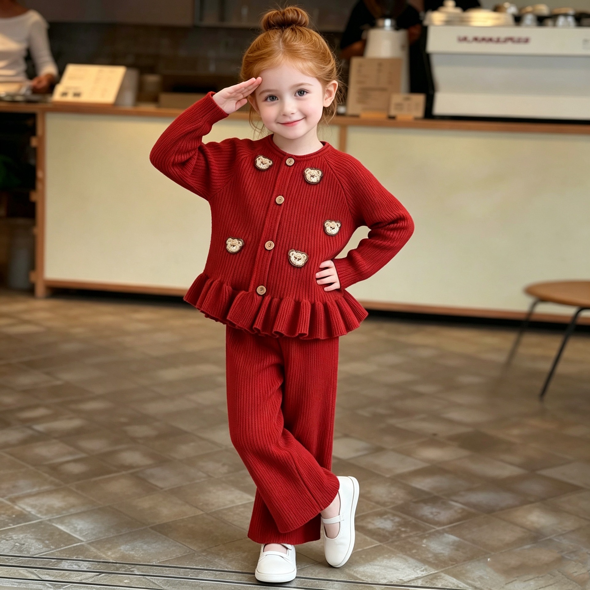 Sweet Bear Print Long Sleeve Sweater Cardigan and Casual Pants Set for Girls — image 9