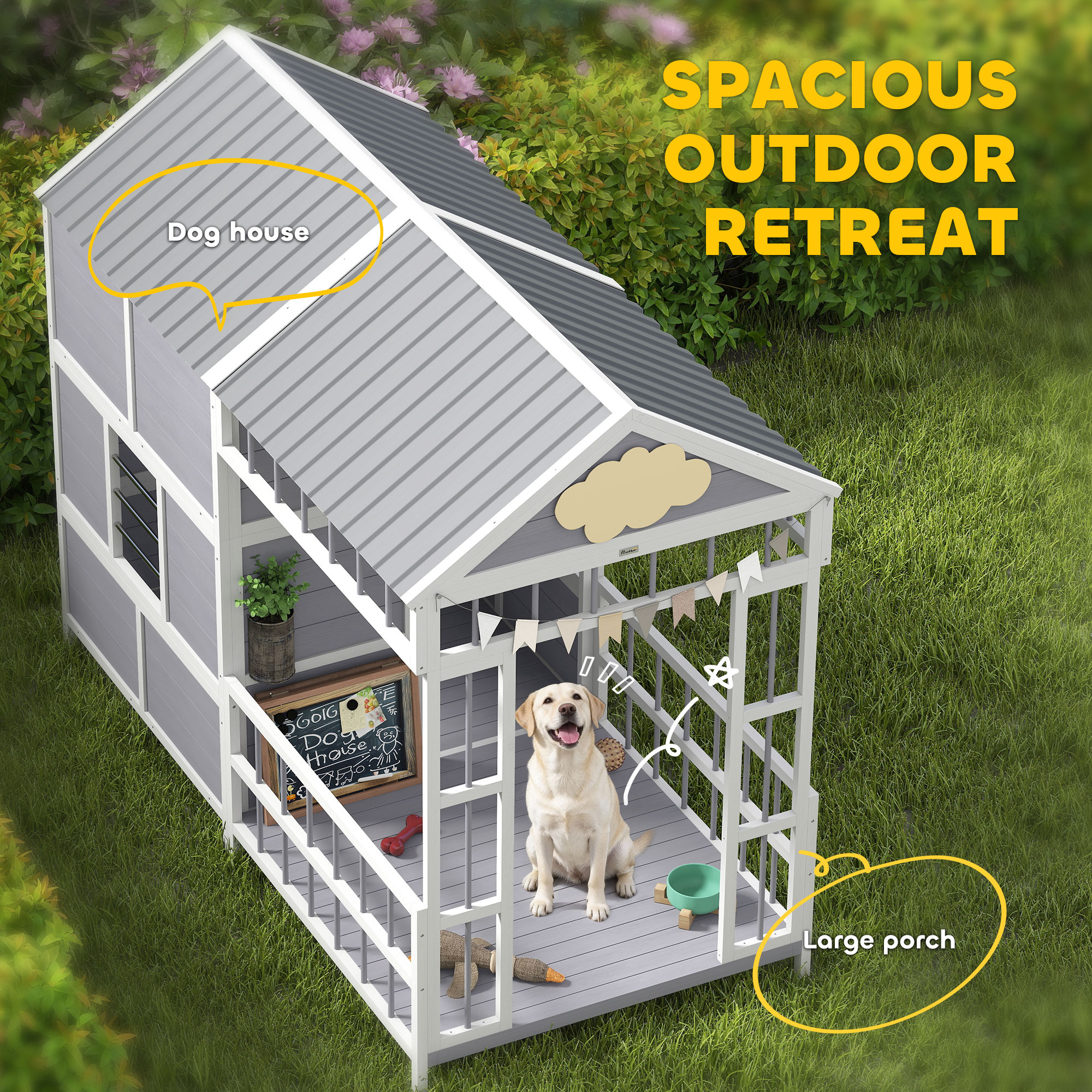L Large Dog House Outdoor, Wooden Dog Kennel with Porch, Storage Cabinet, Weatherproof Roof, Windows — image 7